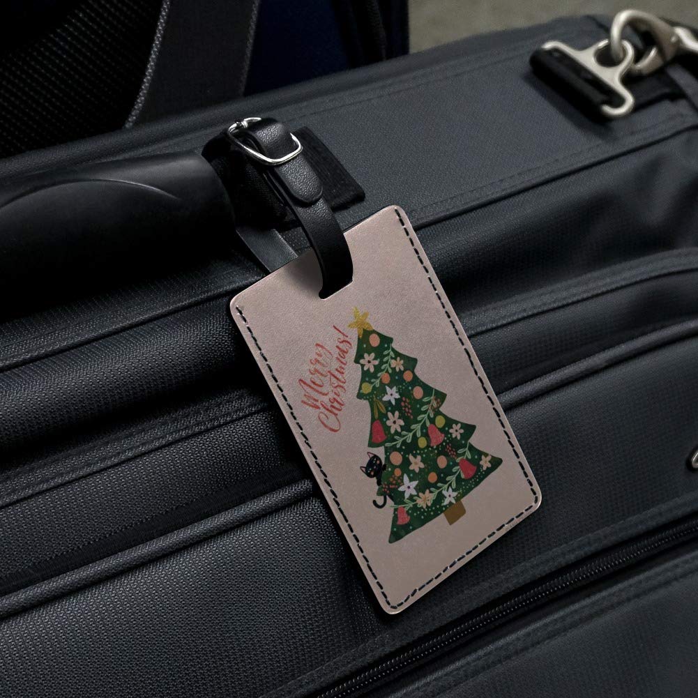Christmas Tree with Cat Design Rectangle Leather Luggage Tag - Durable Carry-On ID Tag for Suitcases, Backpacks & Travel Bags - Perfect Gift for Cat Lovers & Holiday Travelers