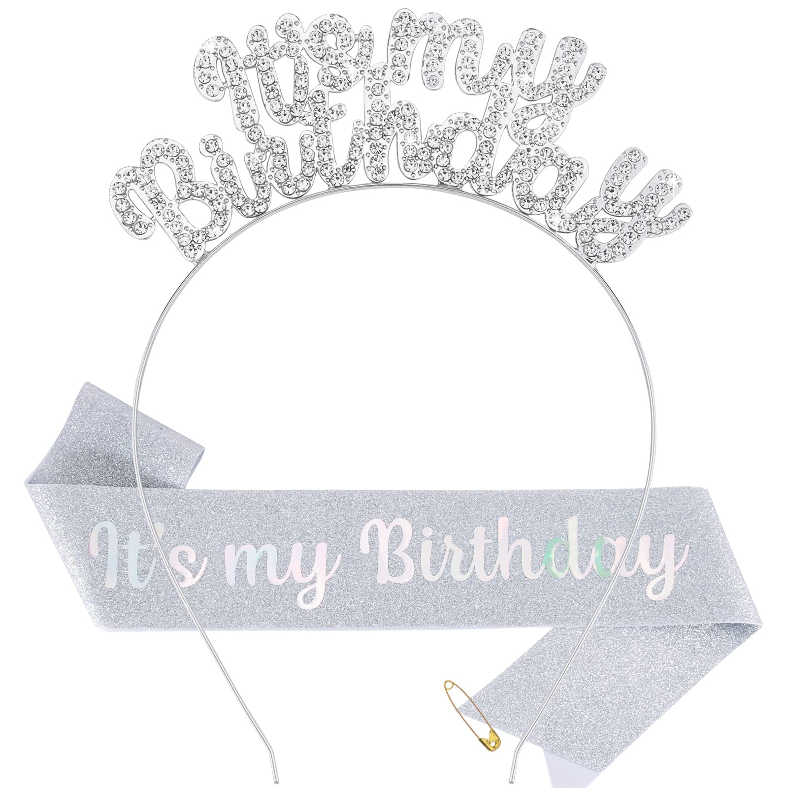 Girls Birthday Crown Set - Cute Birthday Tiara & Sash for Women, Silver Princess Headband - Perfect for Birthday Parties, Photo Shoots & Special Celebrations