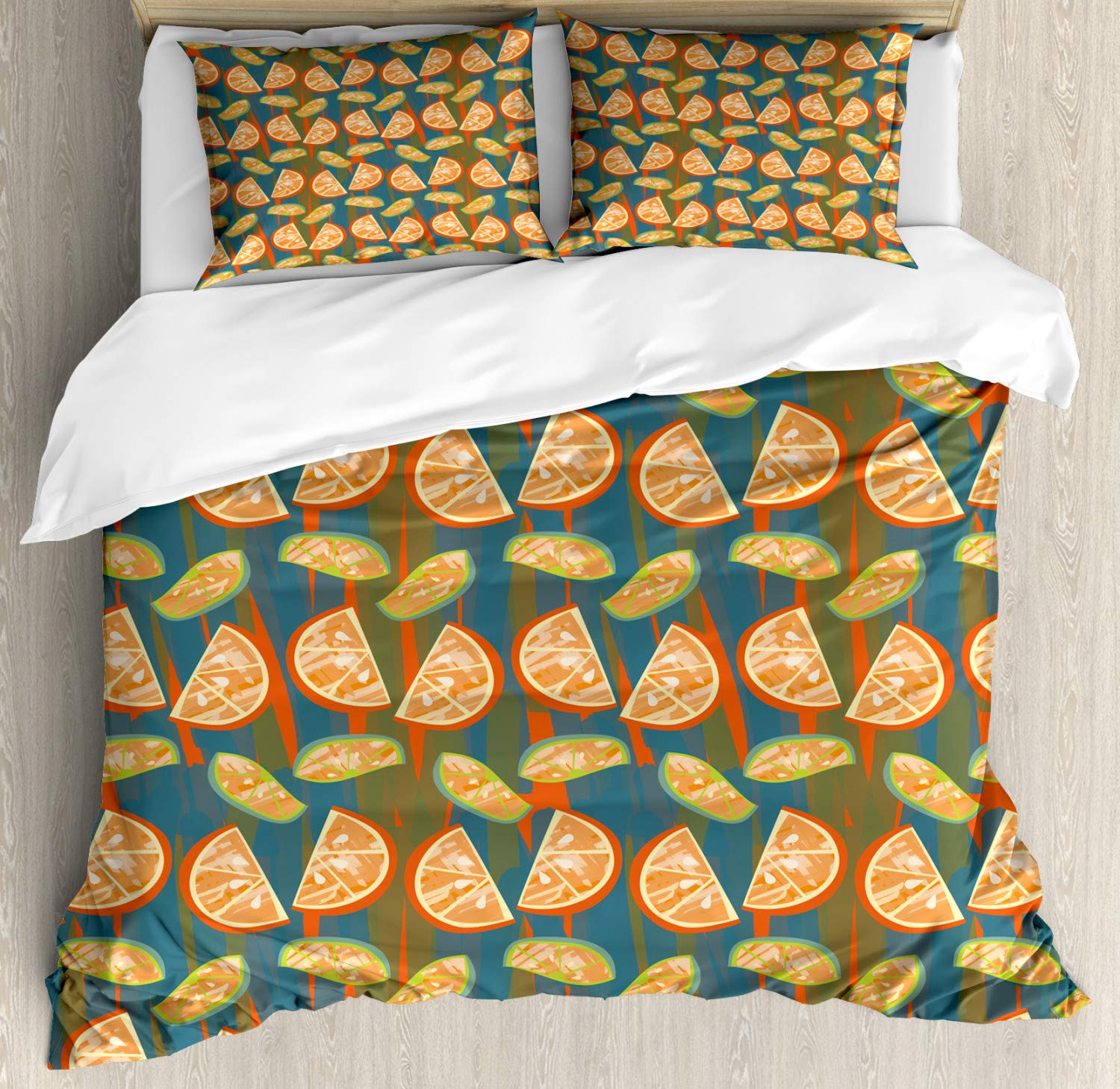 Ambesonne Fruits Duvet Cover Set - Queen Size 3 Piece Bedding with 2 Pillow Shams | Orange Lemon Slices on Blue Stripes | Soft Decorative Comforter Cover for Bedroom, Guest Room & Dorm | Multicolor