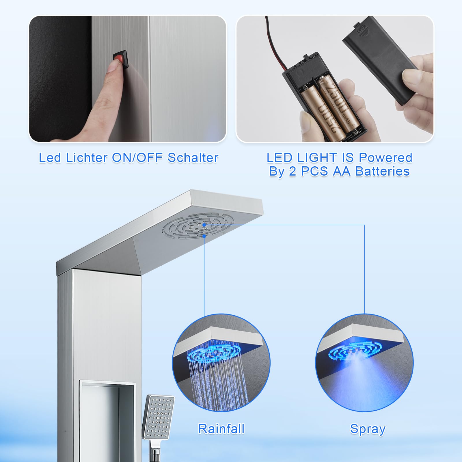 POPFLY Stainless Steel Shower Panel with LED Lights, Rainfall & Mist System - 2 Body Spa Jets, Shelf & Tap Spout - Brushed Nickel Finish for Luxury Bathroom Upgrade | Perfect for Spa-Like Experience at Home