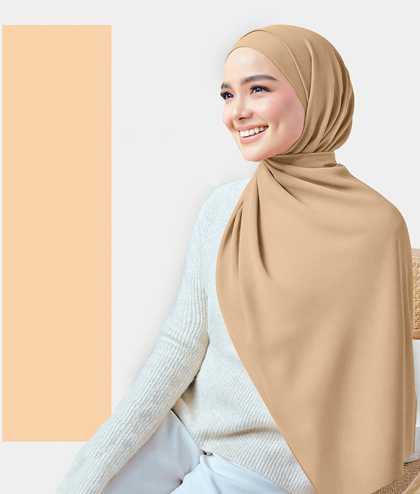 SA06 Beige Chiffon Plain Rectangular Hijab Scarf - Lightweight Muslim Head Covering for Women, Perfect for Daily Wear, Prayer & Special Occasions