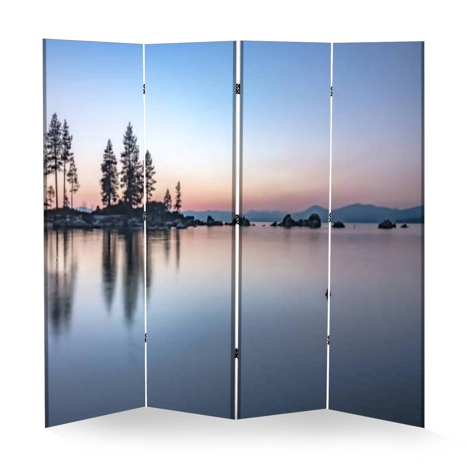 Wooden Room Divider with Sierra Lake Tahoe Scenery - 4-Panel Folding Privacy Screen, Dual-Sided Canvas Partition for Home & Office - Perfect for Bedroom Separation, Living Room Decor, and Indoor Space Division