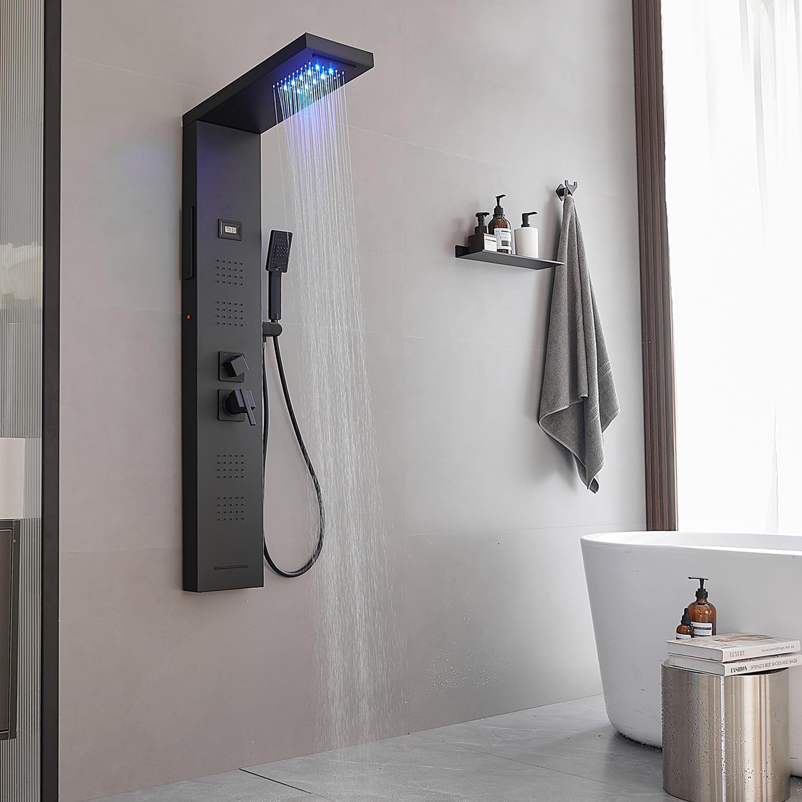 Black Shower Panel Tower System with Temperature Display - Wall Mounted Bathroom Shower Panel for Spa-Like Experience - Perfect for Modern Homes, Hotels, and Luxury Bathrooms