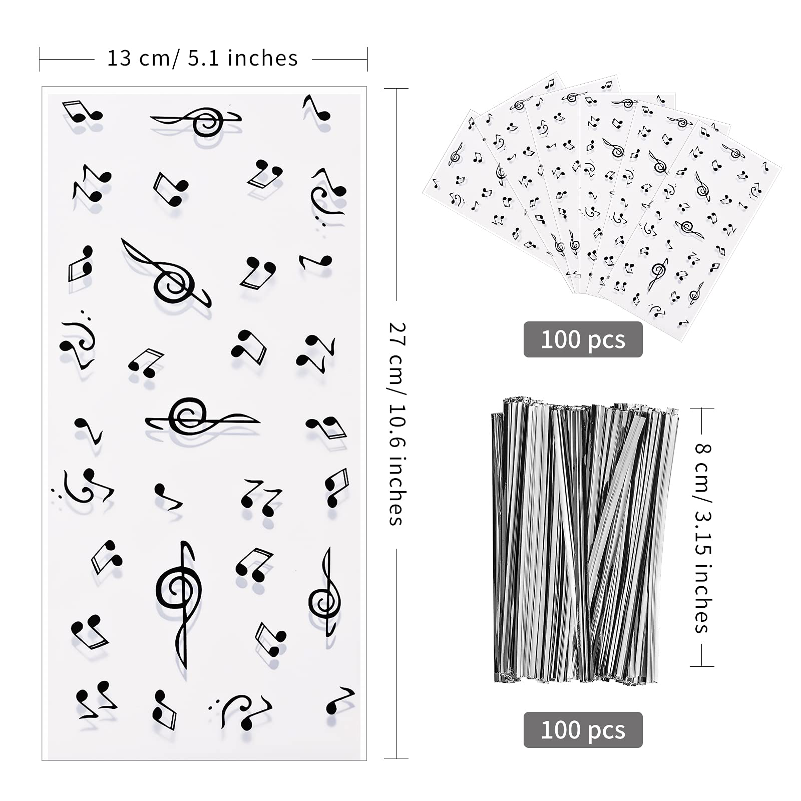 Lecpeting 100 Pcs Music Note Treat Bags - Colorful Cellophane Candy Bags with Twist Ties for Birthday Parties, Baby Showers & Musical Themed Events - Perfect for Party Favors, Candy Packaging & Gift Bags