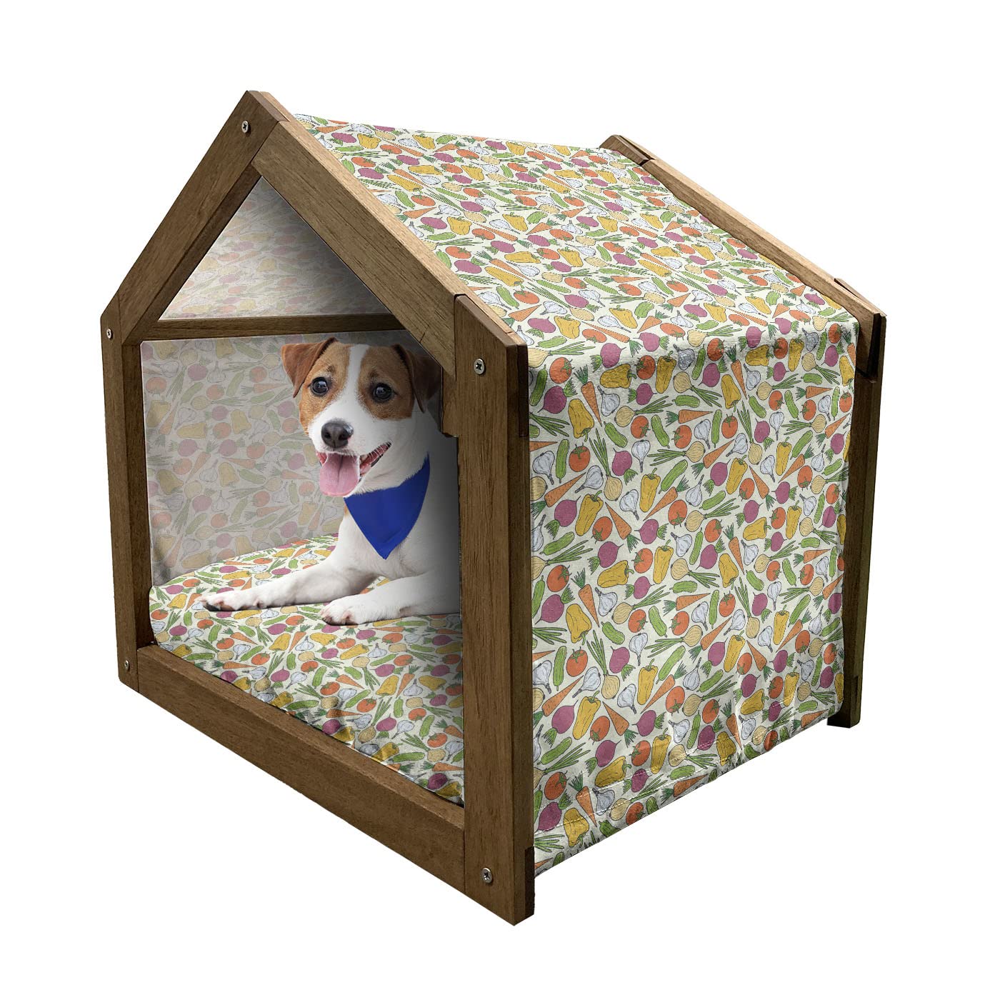 Ambesonne Wooden Pet House for Dogs - Organic Farming & Vegan Life Themed with Carrots, Broccoli, Tomatoes, Onions, Garlic Design - Indoor & Outdoor Portable Dog Kennel with Pillow & Cover - Large Size, Multicolor - Perfect for Home, Garden, Patio, and Travel Use