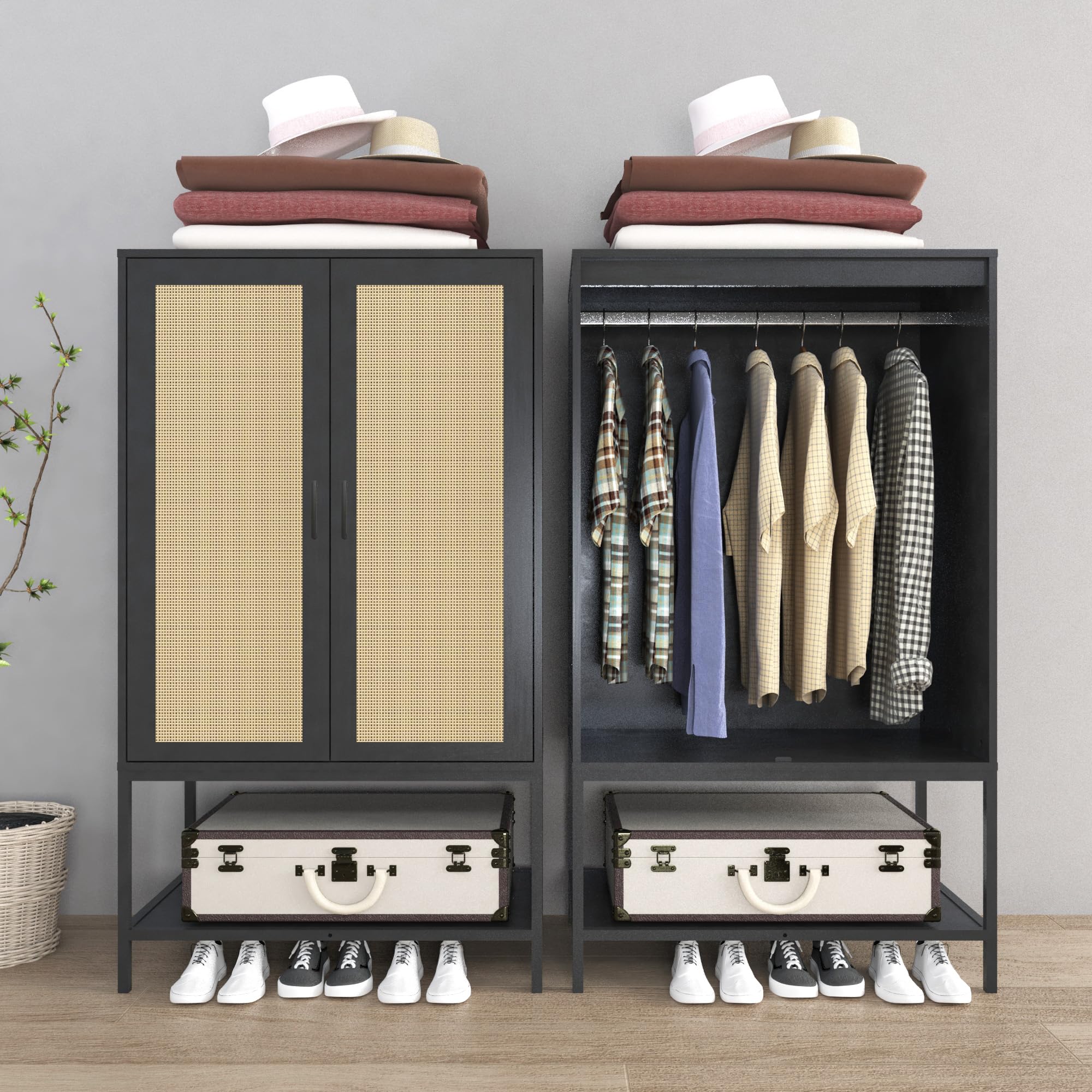 2-Door Rattan Wardrobe Closet with Hanging Rod & Shelves - Freestanding Wooden Armoire for Bedroom Storage & Organization | Perfect for Small Spaces, Apartments & Dorm Rooms (Black)