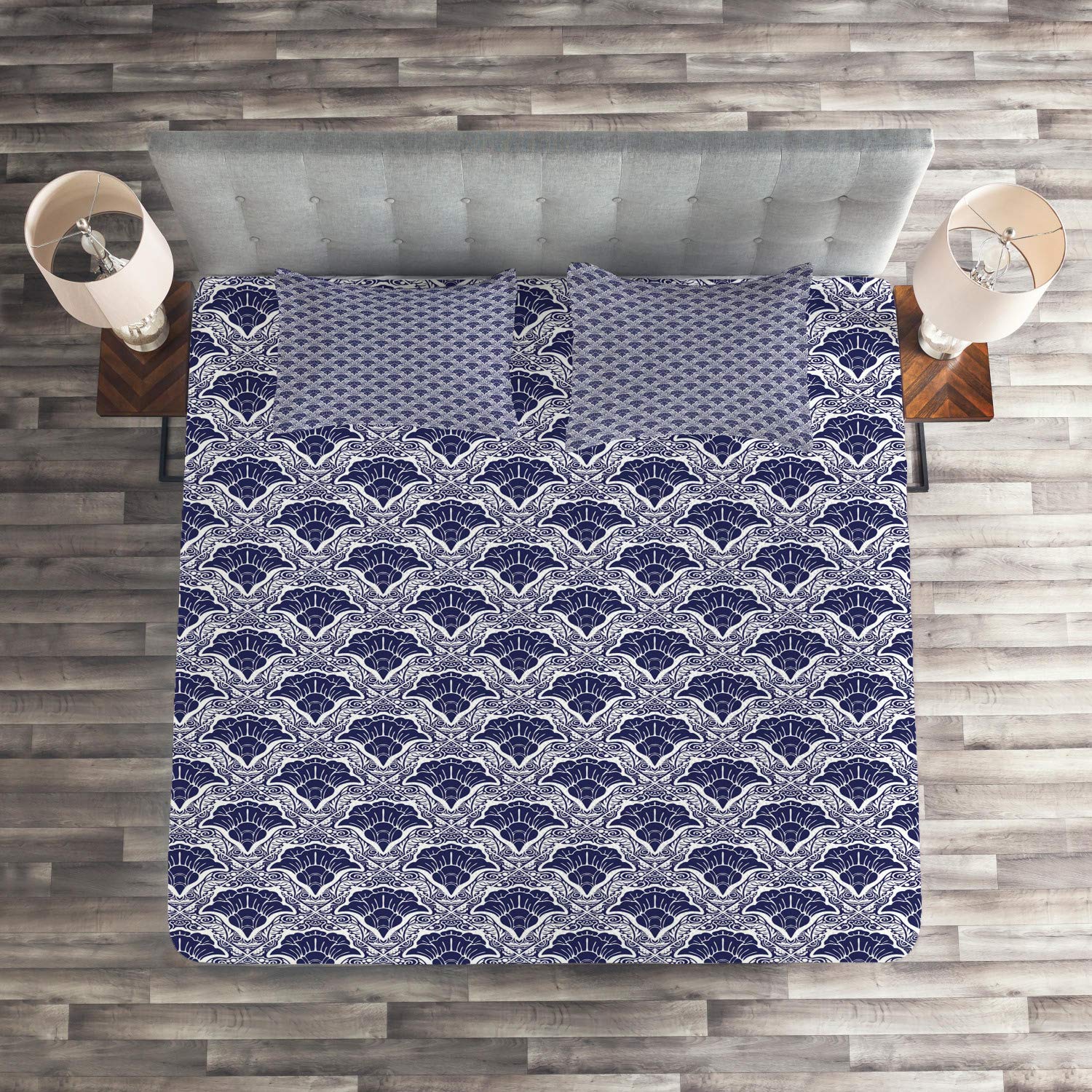 Ambesonne Oriental King Size 3-Piece Quilted Bedspread Set with 2 Pillow Shams - Floral Damask Pattern in Diagonal Squares, Indigo & White - Luxury Bedding for Master Bedroom, Guest Room & Home Decor