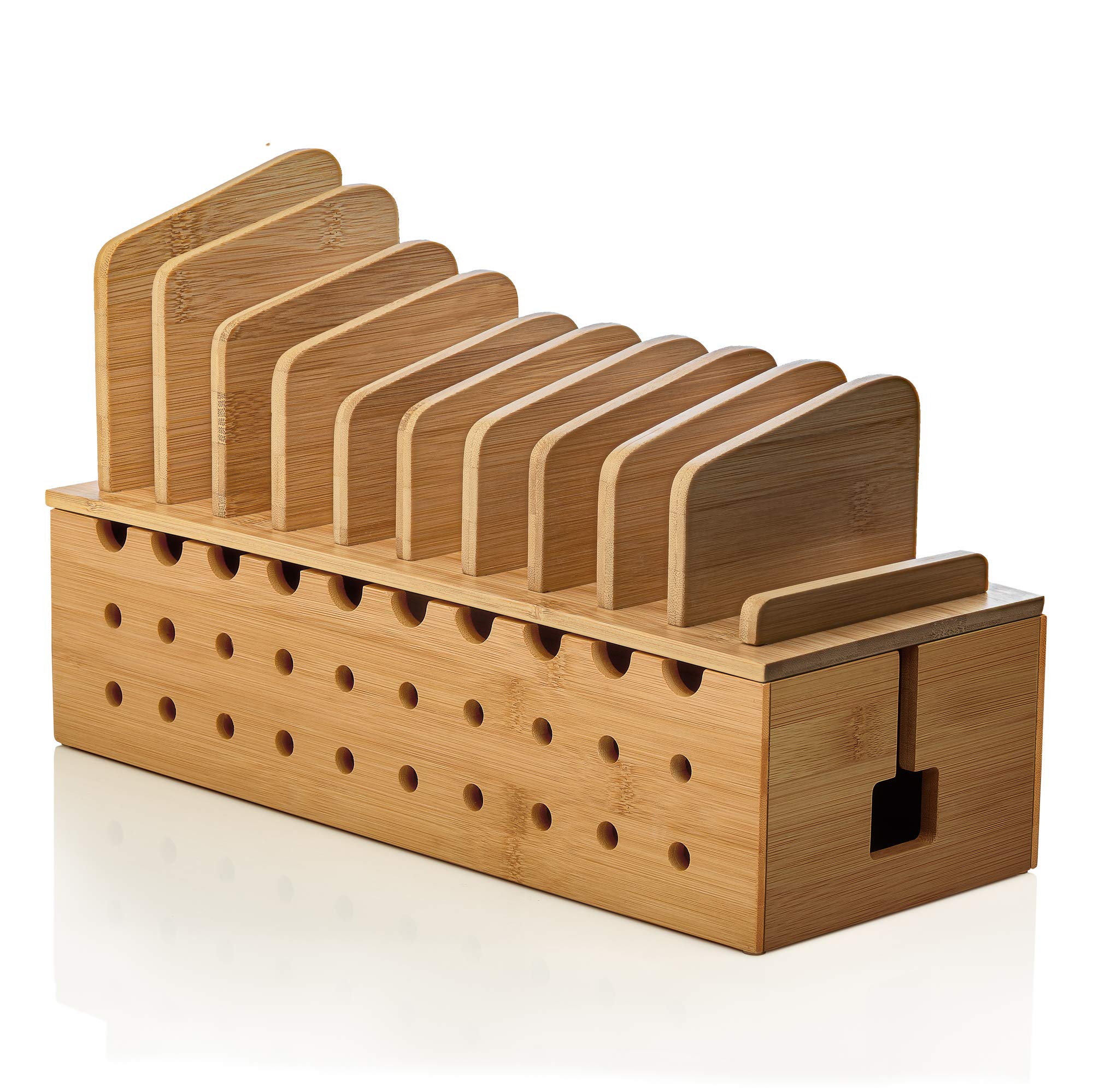 Premium Bamboo Charging Station for 10 Devices - Multi-Port USB Charger with Cable Management Box - Perfect for Home Office, Bedroom & Travel - Organize Smartphones, Tablets & Electronics