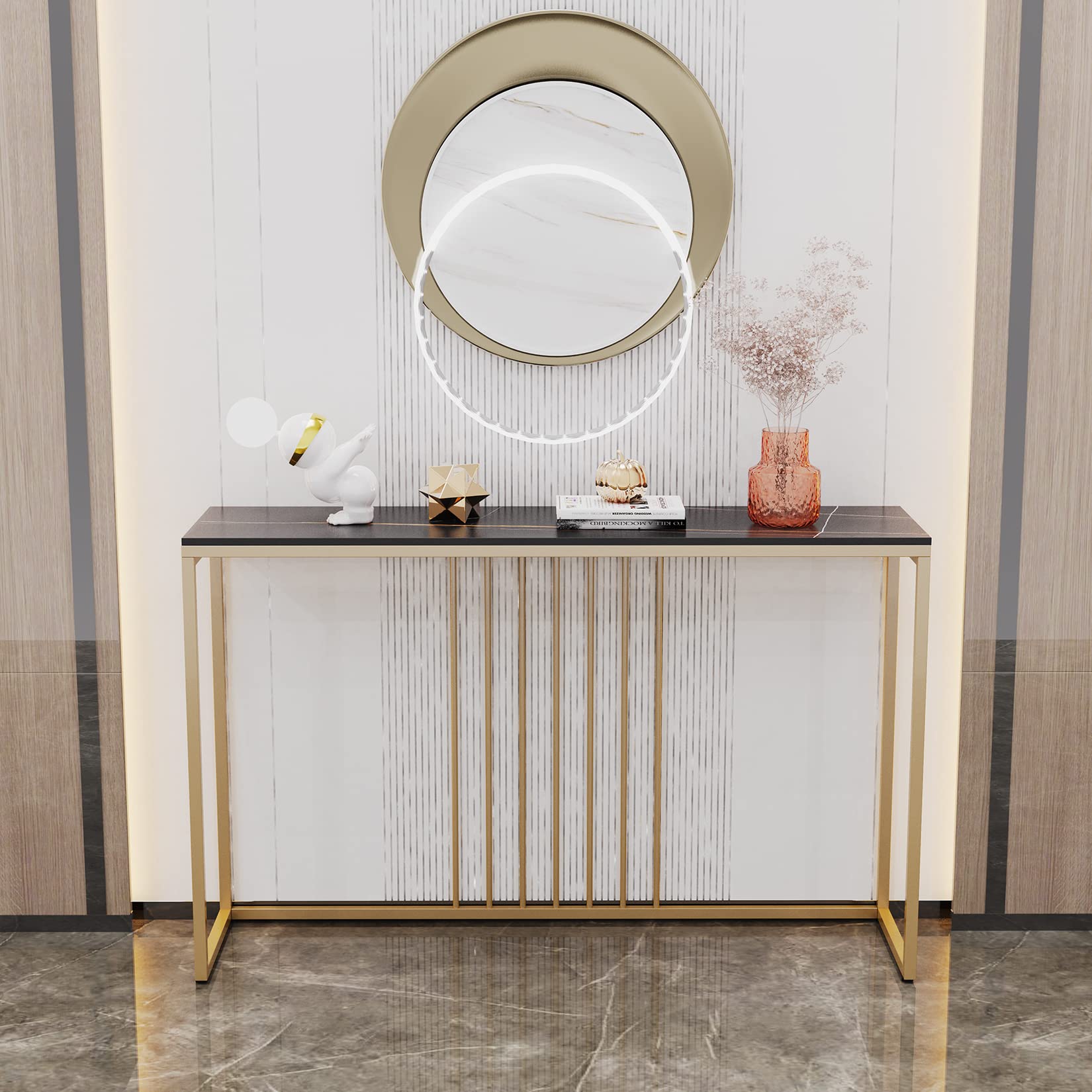 Wisfor Sintered Stone Entryway Console Table - Black Marble Tabletop with Gold Frame, Narrow Sofa Table for Hallway & Foyer (40x12x31 Inch) - Perfect for Home Entry, Living Room Decor & Small Space Organization