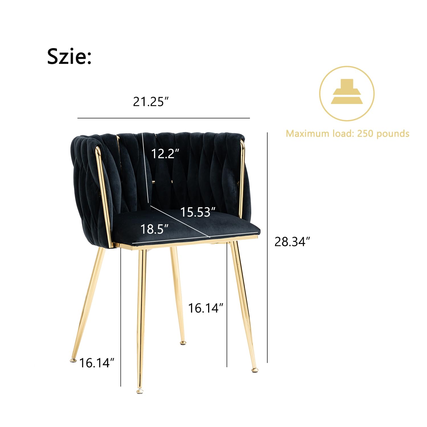 Nrizc Set of 2 Modern Velvet Upholstered Dining Chairs with Gold Metal Legs - Elegant Woven Accent Chairs for Living Room, Kitchen & Dining Room (Black) - Perfect for Home Decor, Dinner Parties & Cozy Gatherings