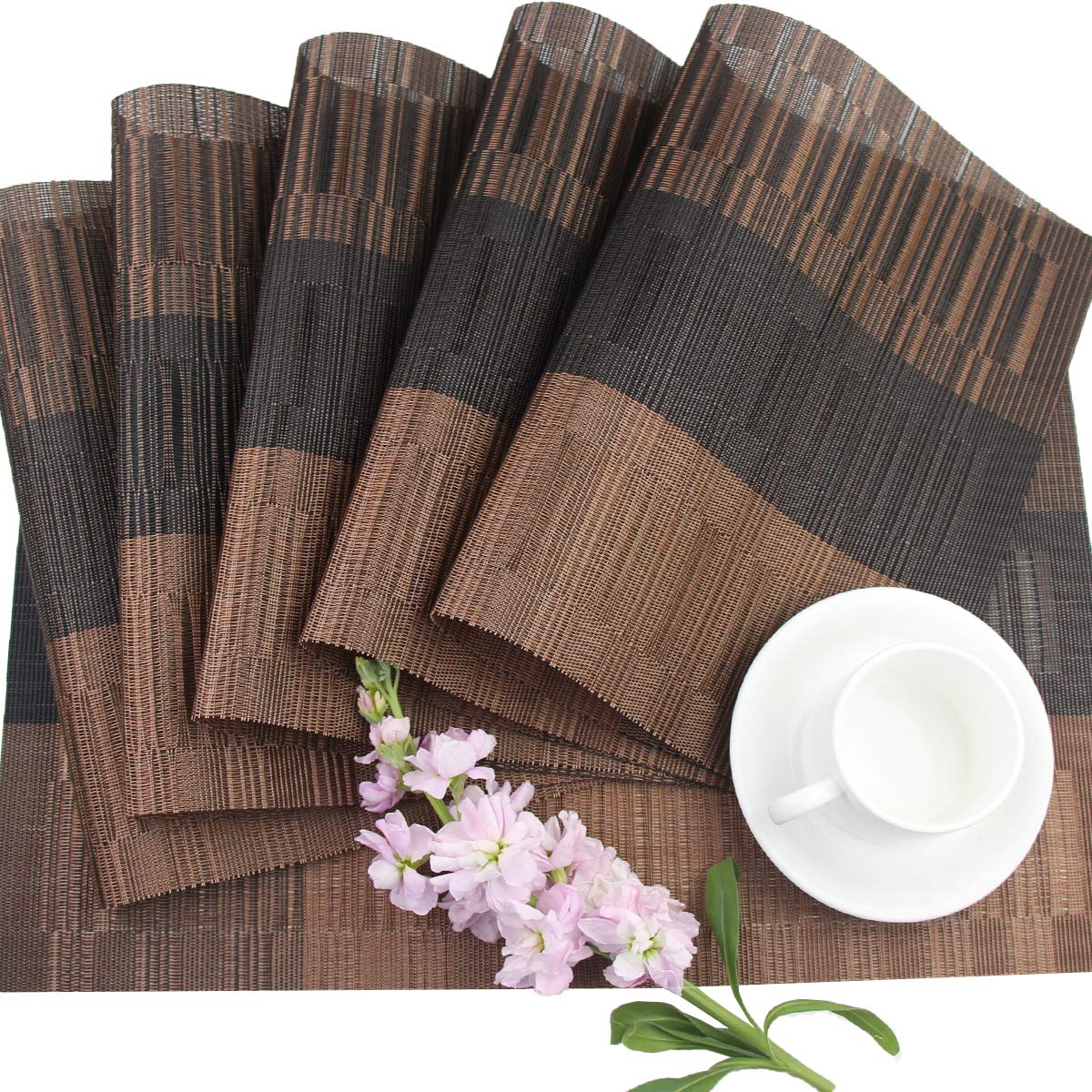 PIGCHCY Washable Vinyl Woven Placemats - Set of 6 Elegant & Durable Table Mats for Dining Room, Kitchen, or Outdoor Use (Bamboo-Brown)