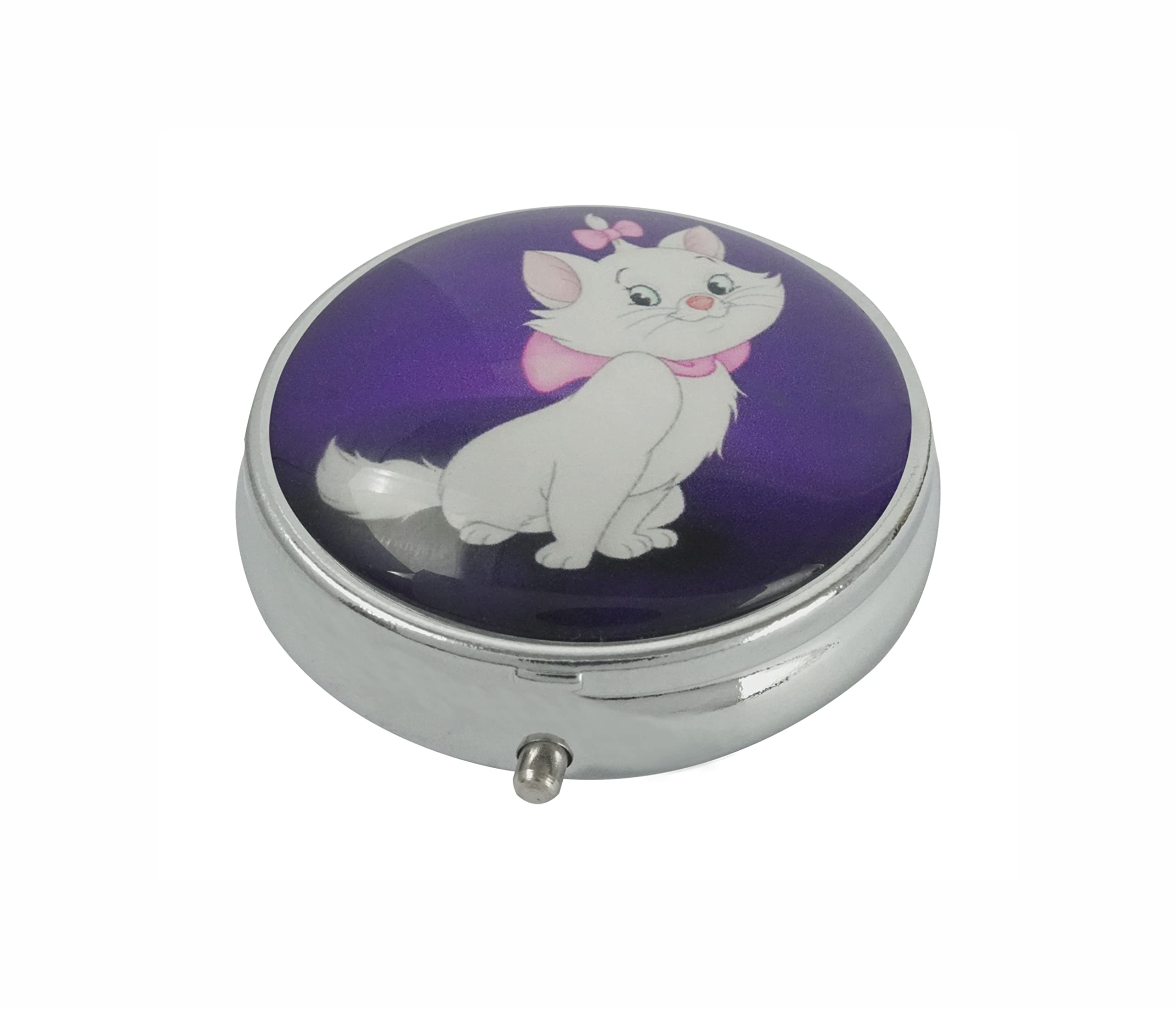 Cute Aristocats Marie Cat Pink Glass Pill Box - Small Round Pill Case for Purse, Travel & Daily Medication Organizer - Decorative Pill Holder for Women, Perfect Gift Idea