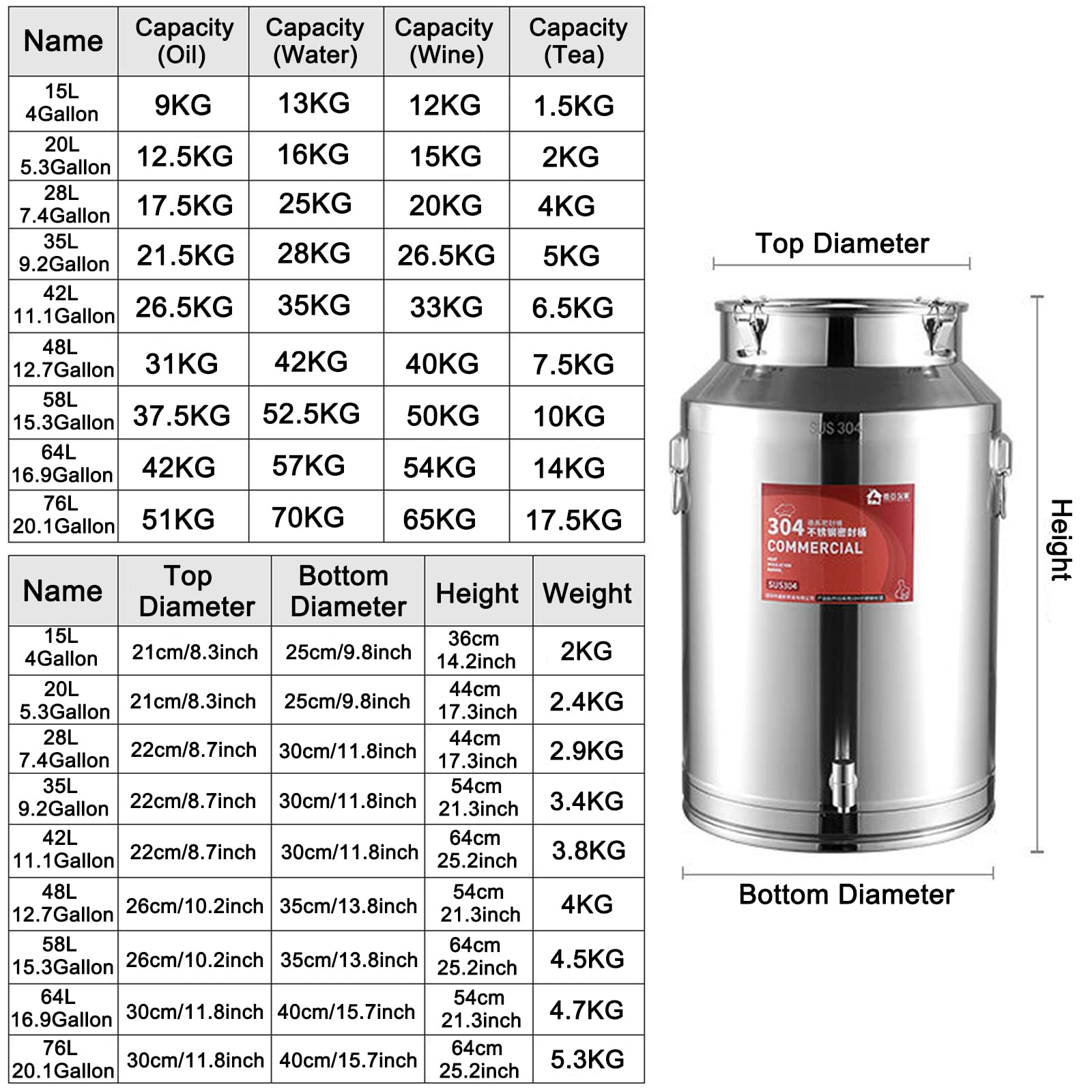 Premium 304 Stainless Steel Heavy Duty Milk Can - 58L/15.3 Gallon Sealed Lid Storage Container with Spigot - Ideal for Milk, Wine, Oil, Tea & Dairy - Perfect for Farm, Brewery & Commercial Kitchen Use