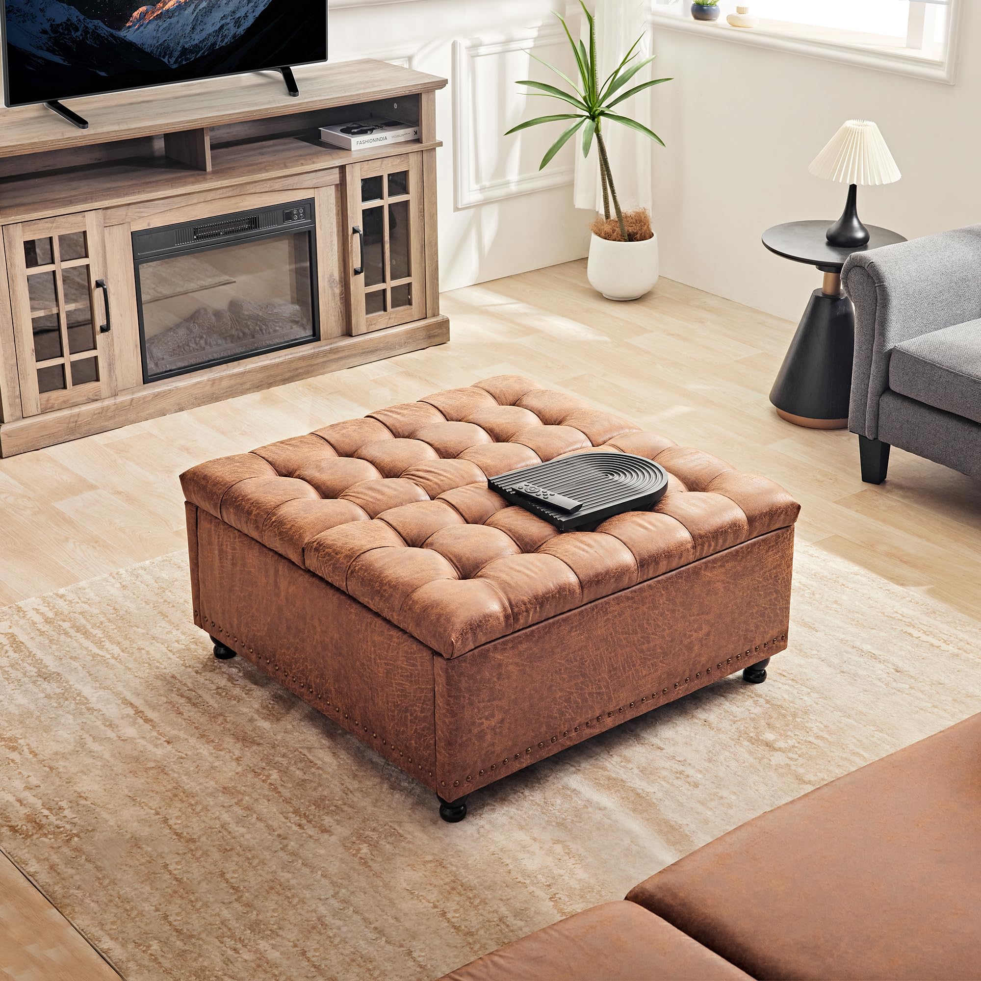 Redlife 35 Inch Large Square Storage Ottoman Bench with Lift Top - Tufted Coffee Table Ottoman for Living Room, Bedroom & Entryway - Brown Leathaire Fabric - Multi-Functional Storage Furniture for Shoes, Blankets & Home Decor