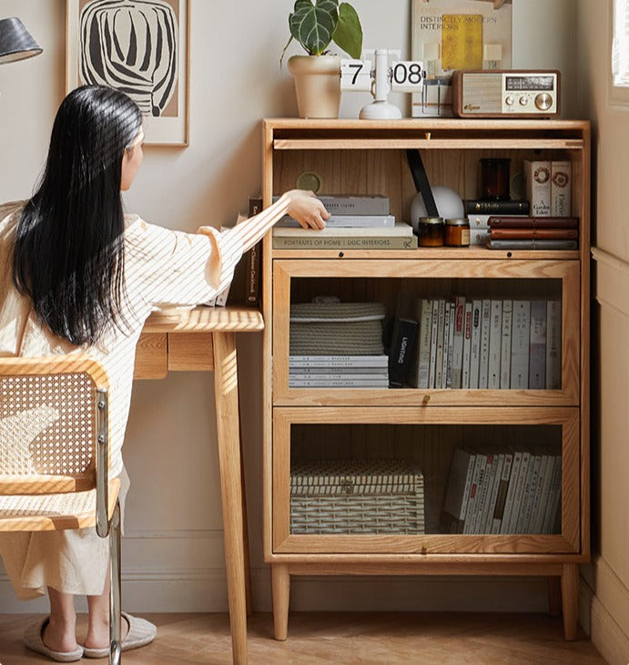 Solid Oak Wood Multi-Layer Flip Door Side Cabinet & Bookcase - Perfect for Living Room, Bedroom, and Office Storage & Organization