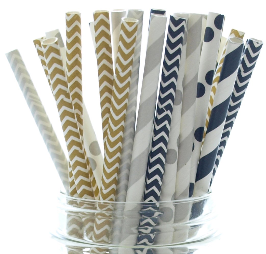 Graduation Party Straws 25 Pack - Black Silver Gold for Graduation & NYE Decor