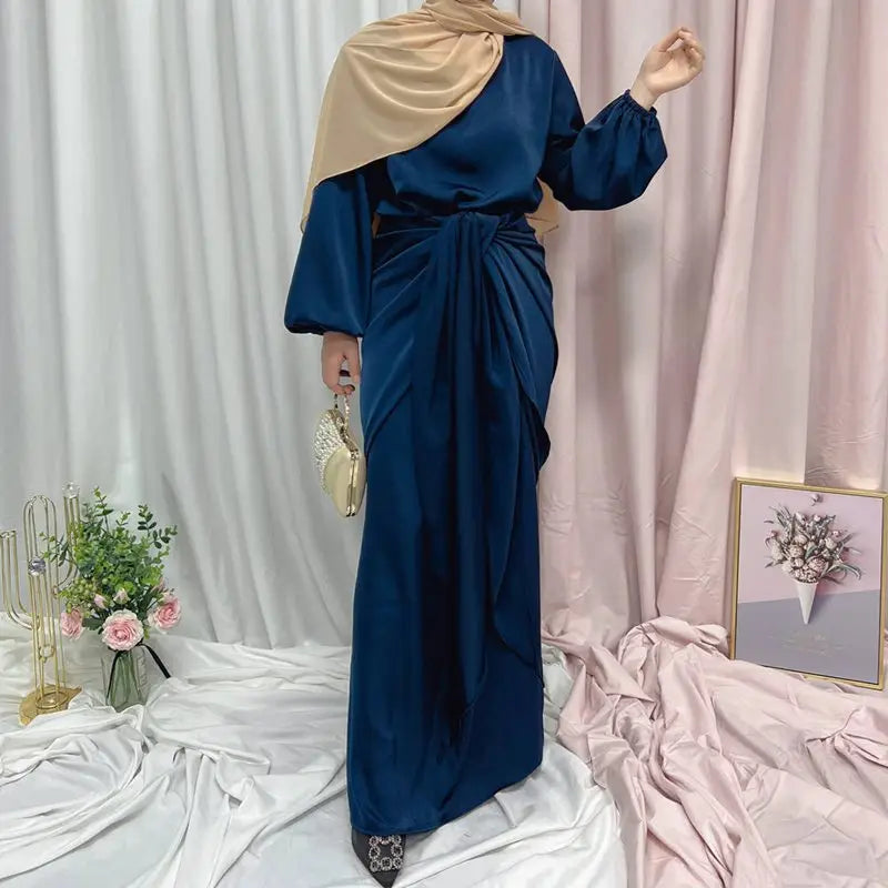 Elegant Satin Abaya Dress with Midi Wrap - Modest Muslim Women's Prayer Dress for Eid, Ramadan & Special Occasions