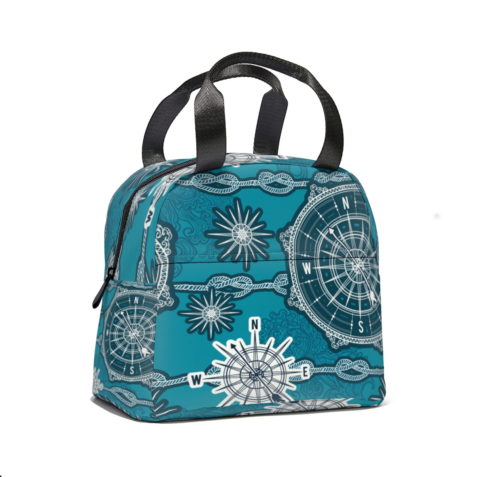 Vintage Nautical Compass Insulated Lunch Tote Bag for Women & Men - Reusable Handle Lunch Box with Front Pocket - Perfect for School, Office, Picnic & Outdoor Activities