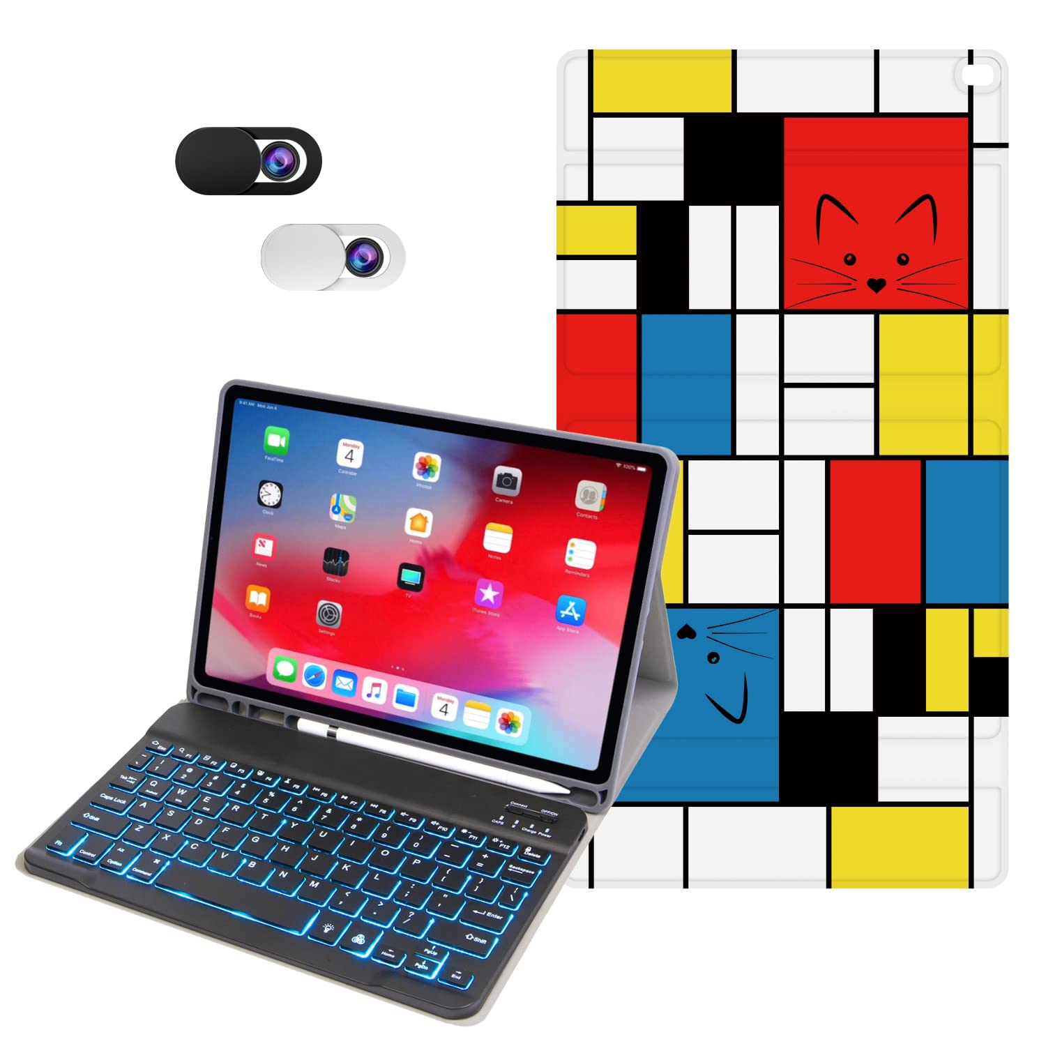 OZADE Detachable Keyboard Case for iPad 9th/8th/7th Generation 10.2 inch & iPad Air 10.5/iPad Pro 10.5 - Folio Stand Cover with Pencil Holder | Mondrian Cats Design | Perfect for Work, Study & Travel