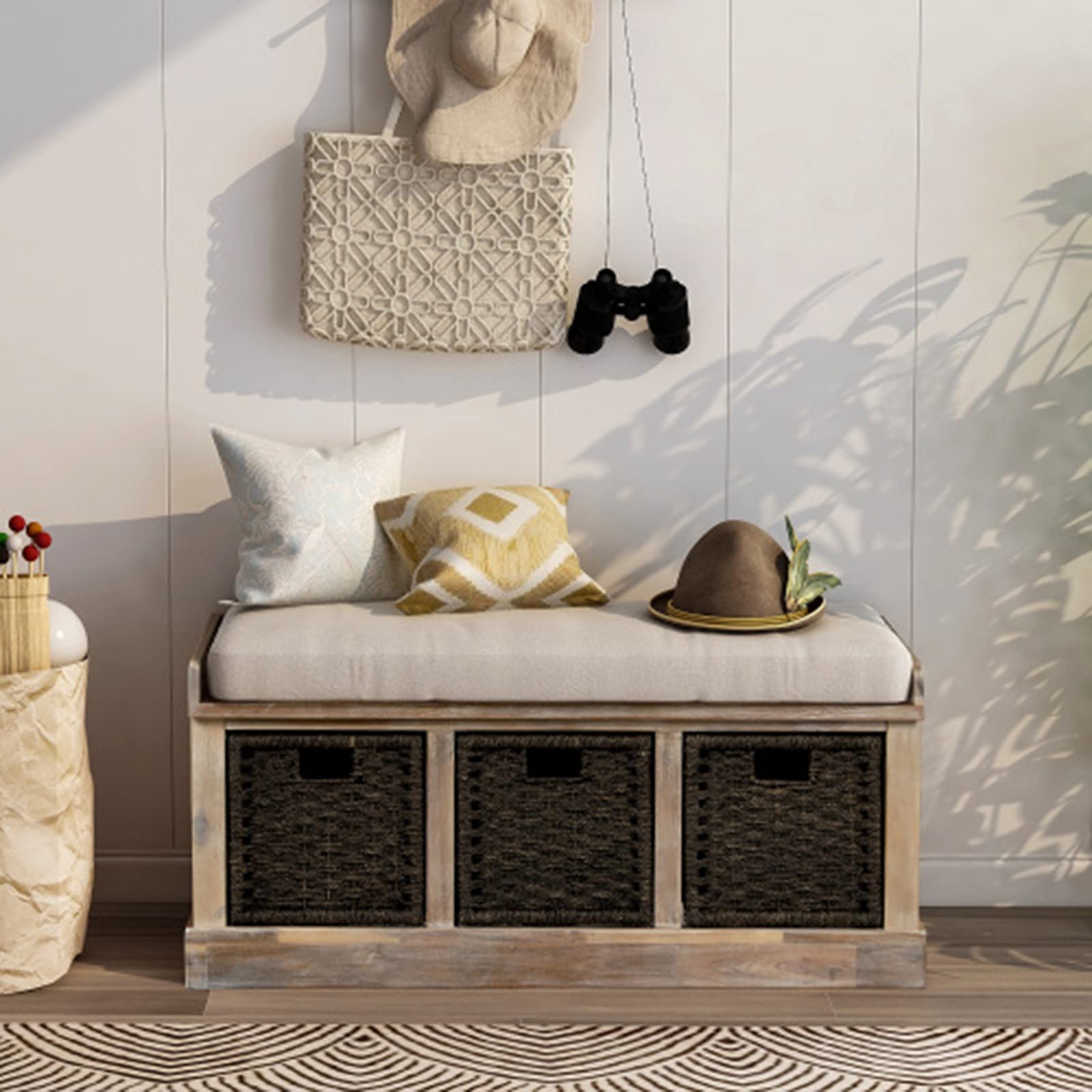 SLEERWAY Shoe Storage Bench with 3 Rattan Baskets & Removable Cushion - Farmhouse Entryway Bench for Mudroom, Living Room, Hallway - No Assembly Required - Perfect for Organizing Shoes, Hats & Home Decor