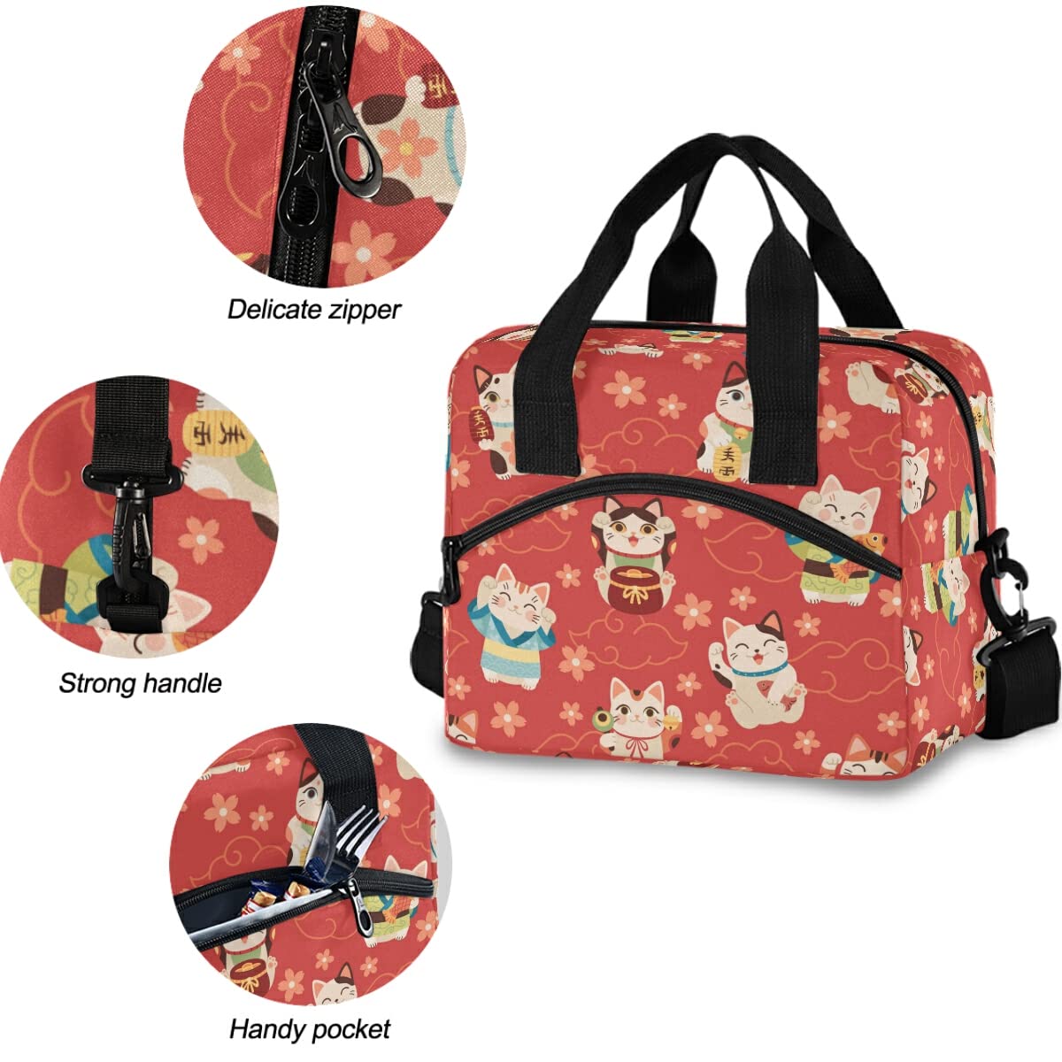 Japanese Maneki Cat Insulated Lunch Bag - Reusable Leakproof Cooler Tote for Women & Men, Perfect for Work, School, Office & Picnics - Ideal for Teens & Adults