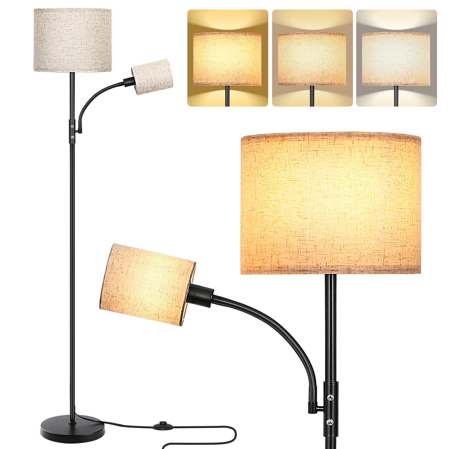 OTREN Modern Floor Lamp with 9W E27 Bulb & 4W Reading Light, Adjustable Linen Shade & Foot Switch - Perfect for Living Room, Bedroom, Dining Room - Ideal for Reading, Relaxing & Ambient Lighting