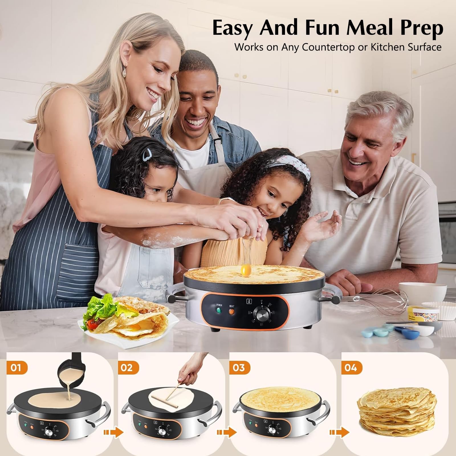 Commercial Crepe Maker Machine - 16 Inch Non-Stick Electric Crepe Griddle with Adjustable Temperature Control, 1500W Power & Thickened Cast Iron Cooking Plate - Perfect for Pancakes, Crepes, Tortillas in Restaurants, Cafes and Home Breakfast Cooking