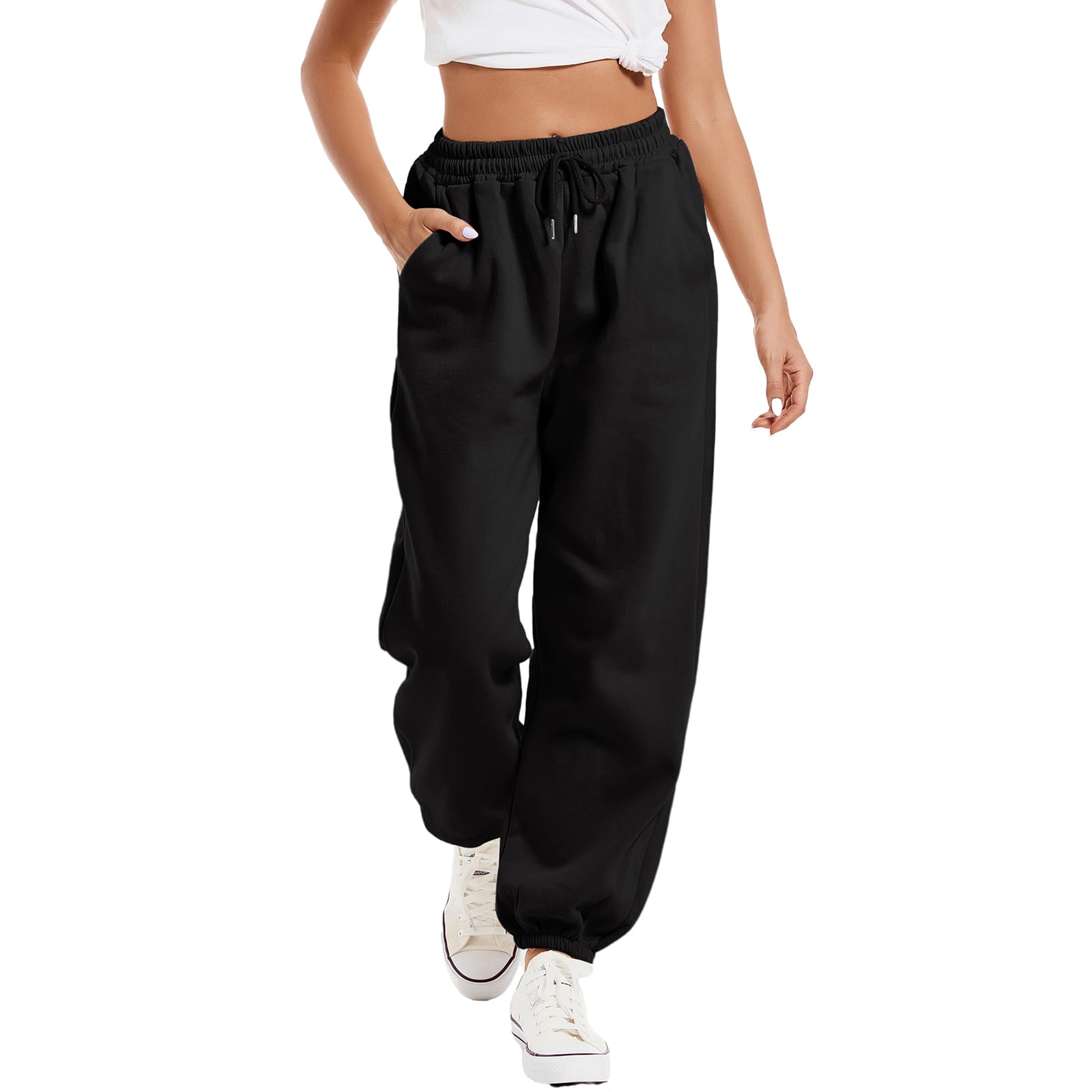 Tuislay Women's High Waisted Baggy Cotton Sweatpants - Elastic Waist Lounge Pants with Pockets for Gym, Jogging & Casual Wear | Comfortable Athletic Fit for Teen Girls & Women