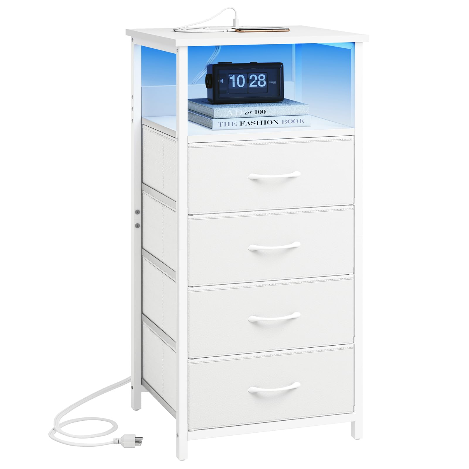Fixwal Tall Nightstand with Charging Station - USB Ports & Outlets, 4 Fabric Storage Drawers, PU Finish Small Dresser Bedside Table in White - Perfect for Bedroom, Living Room & Office Organization