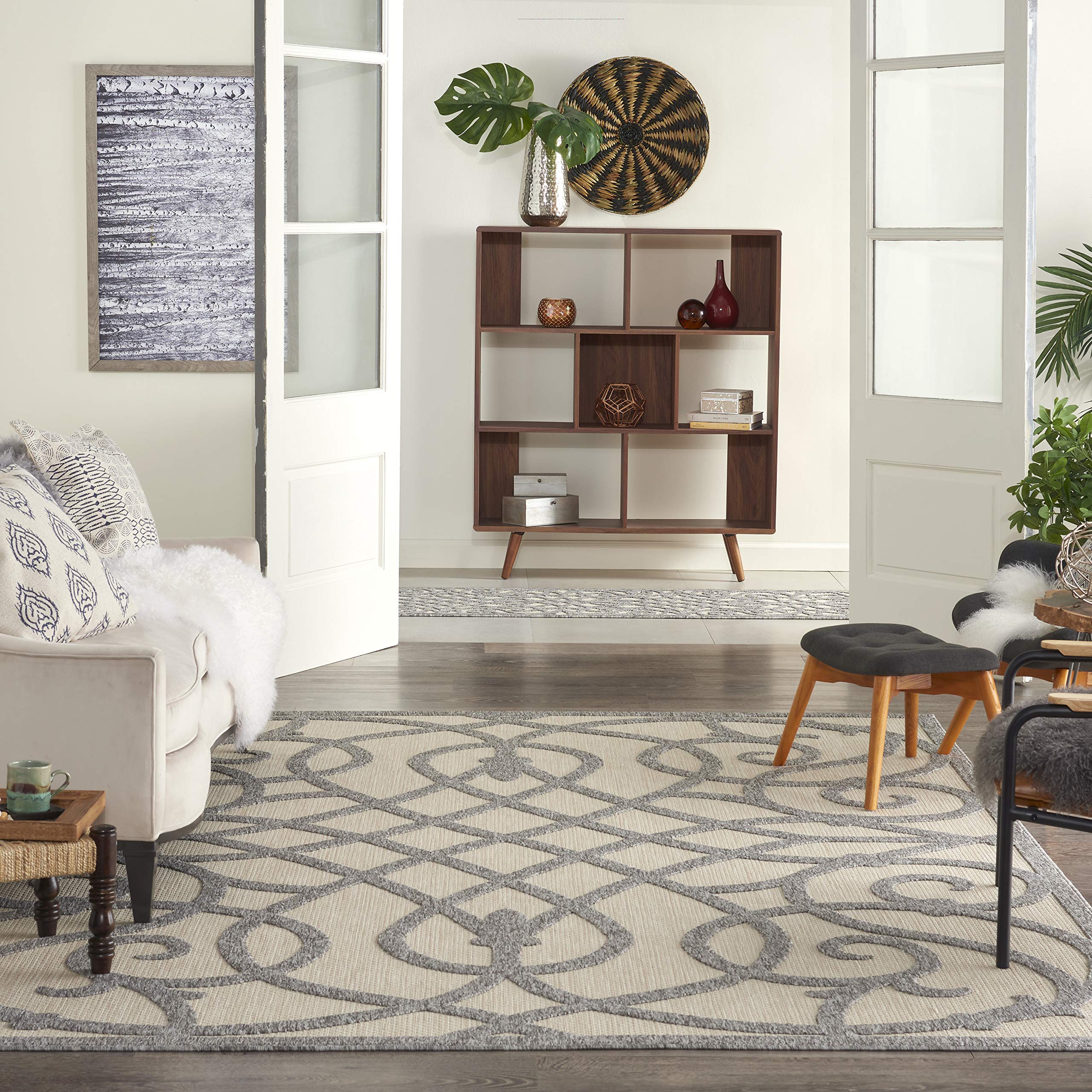 Nourison Palamos 8x10 Indoor/Outdoor Area Rug in Cream Grey - Non-Shedding, Easy to Clean, Stain Resistant for Living Room, Bedroom, Dining Room, Deck, Patio & Backyard | Perfect for High-Traffic Areas & Outdoor Entertaining