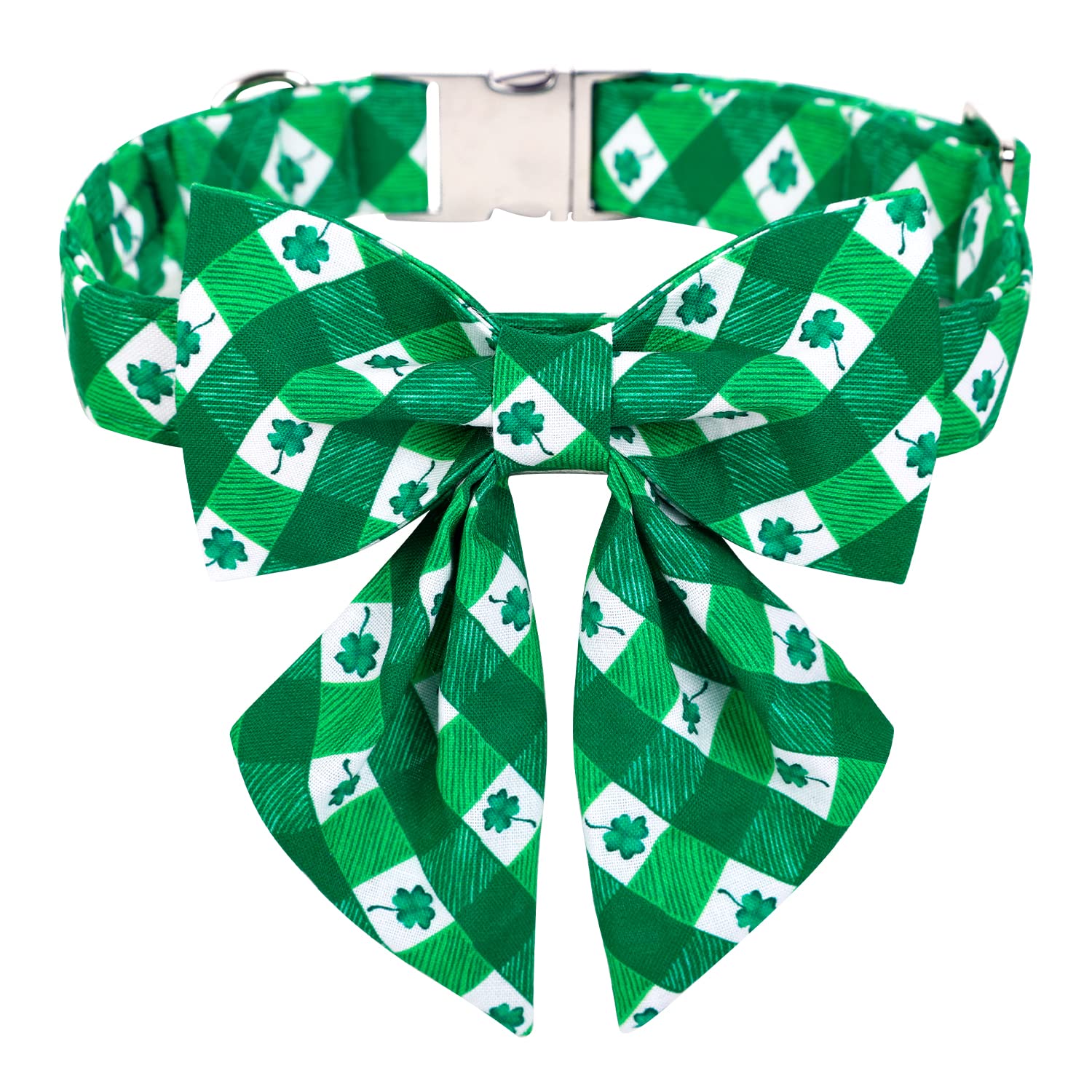 Adjustable St. Patrick's Day Dog Collar with Bow Tie - Green Plaid Shamrock Design for Small, Medium & Large Dogs | Perfect for Irish-Themed Parties, Parades & Spring Celebrations