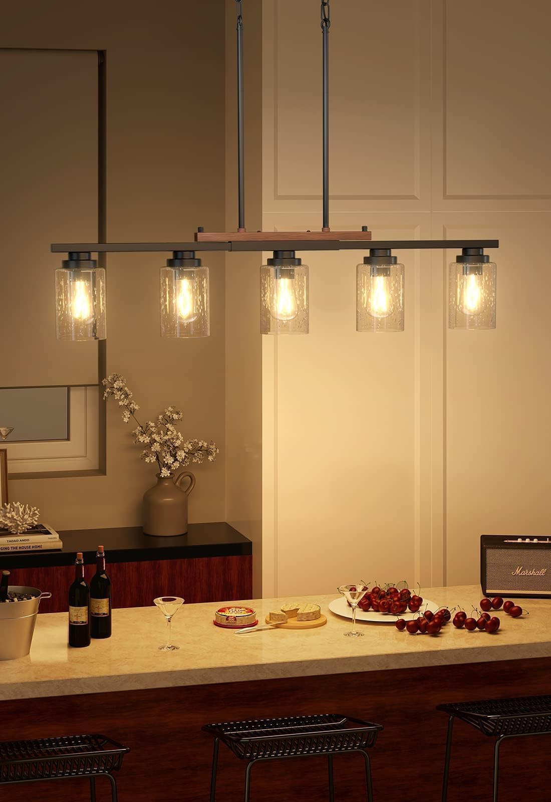 Amico 5-Light Adjustable Farmhouse Chandelier - Black Metal & Wood Kitchen Island Lighting with Seeded Glass Shades | Perfect for Dining Room, Kitchen Island, and Farmhouse Decor