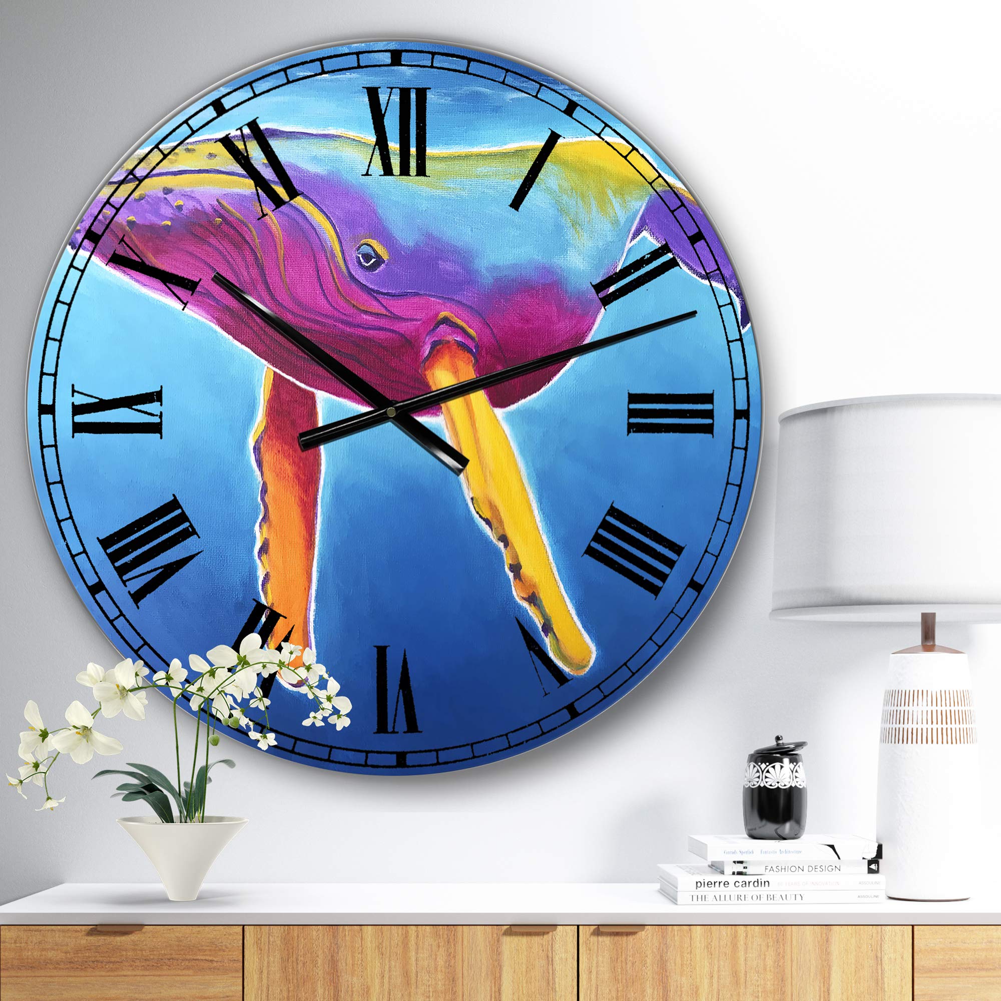 DesignQ Nautical Coastal Wall Clock - Humpback Whale Rainbow Design, Large Modern Wall Clock for Home Office Decor | Perfect for Beach House, Living Room & Coastal Themed Spaces