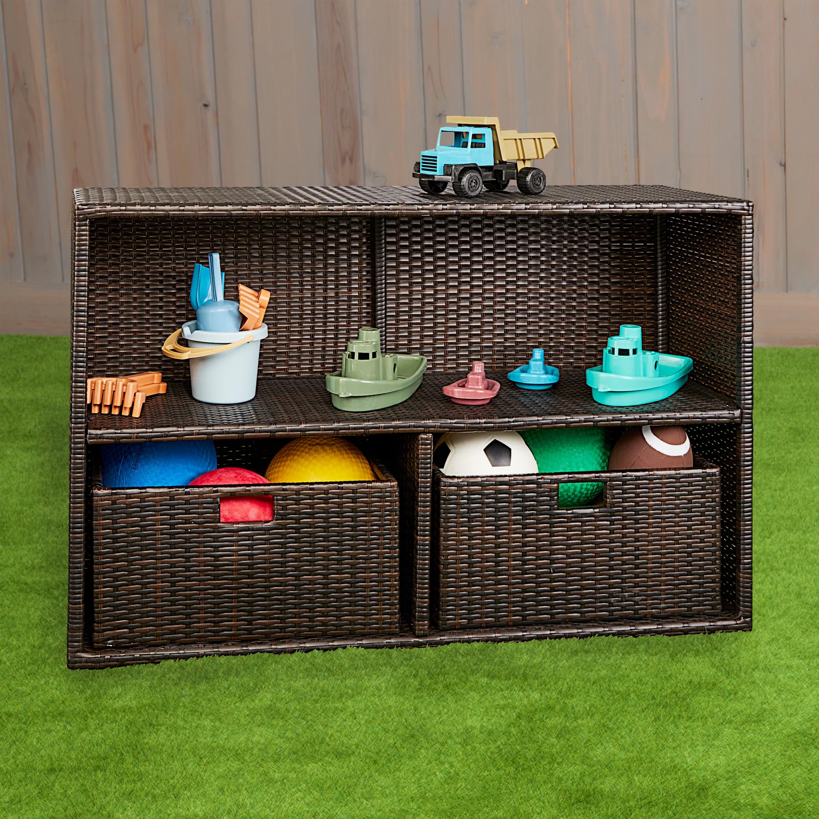 Excellerations Indoor/Outdoor Wicker-Look Storage Shelf with 3 Cubbies - Durable Preschool & Classroom Furniture for Toys, Books & Supplies - Perfect for Daycare, Playroom & Home Organization