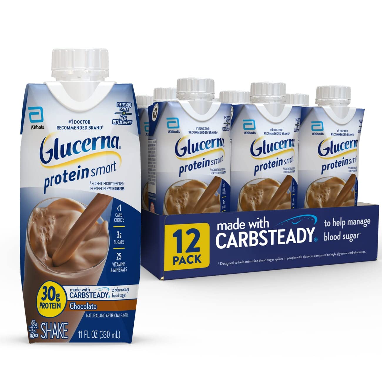 Glucerna Protein Smart Nutritional Shake - Diabetic-Friendly Protein Drink for Blood Sugar Management - 30g Protein, 150 Calories, Chocolate Flavor (11 fl oz, Pack of 12) - Ideal for Meal Replacement & On-the-Go Nutrition