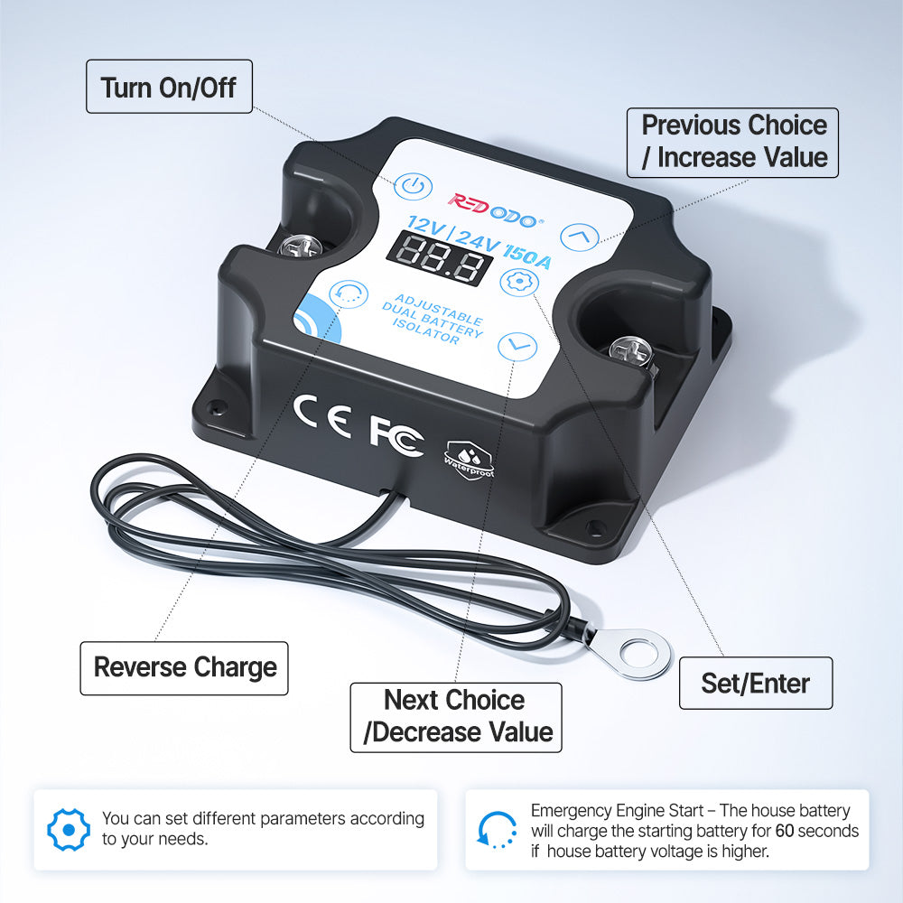 Redodo 12V/24V 150A Adjustable Dual Battery Isolator (VSR) - Auto Connect/Disconnect Starter & House Batteries with LCD Display - Perfect for RVs, Boats, and Off-Grid Power Systems