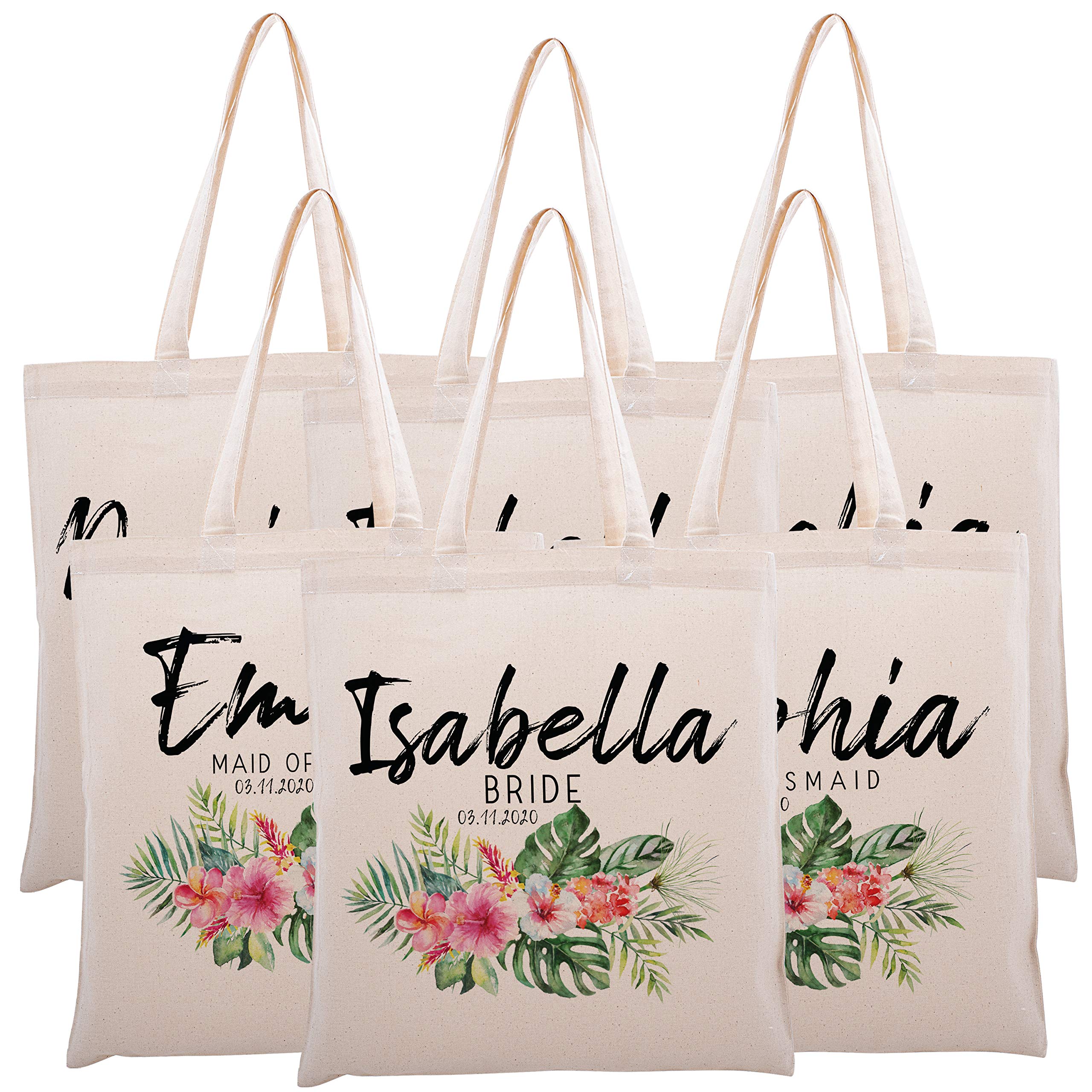 Custom Printed Cotton Canvas Tote Bags - Personalized Handbag Gift Set of 6 for Weddings, Baby Showers, Bachelorette Parties & Bridesmaids - Tropical Floral Design | Perfect for Beach Outings, Grocery Shopping & Eco-Friendly Lifestyle (Style: C1D09)
