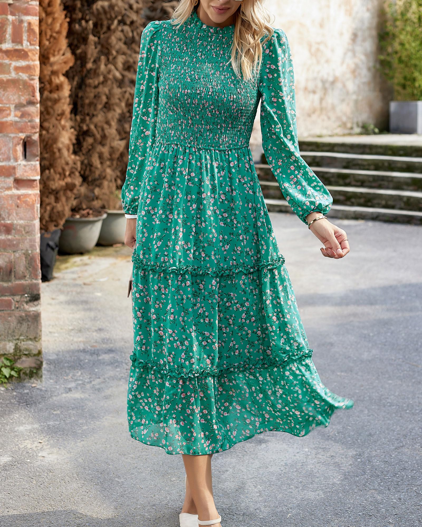 NOLLSOM Women's Floral Boho Maxi Dress - Long Sleeve Crew Neck A-Line Flowy Wedding Guest Dress for Spring 2025 | Perfect for Casual Wear, Beach Vacations & Special Occasions