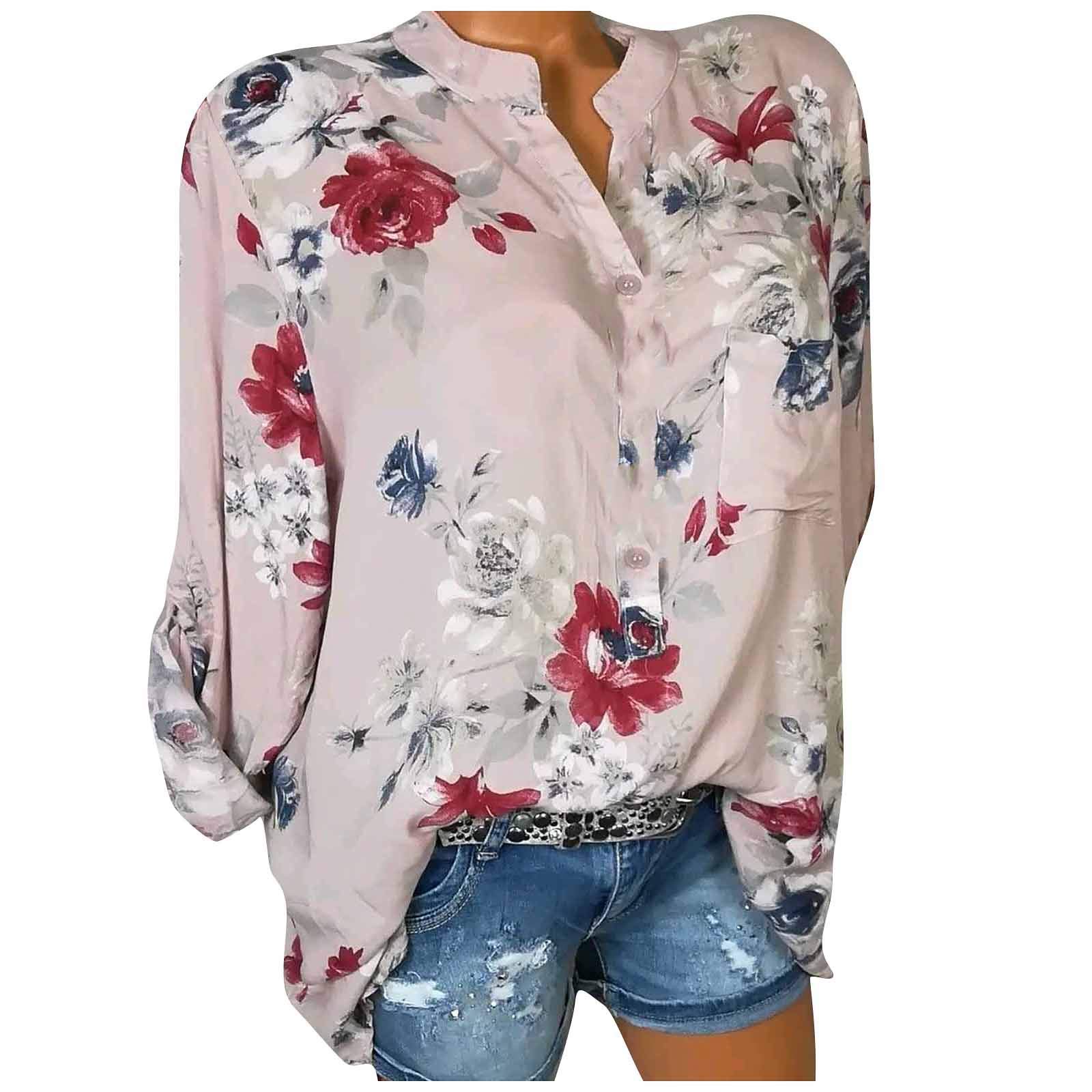 Vintage Floral Print Women's Summer Short Sleeve Button Up Blouse - Plus Size V-Neck Tunic Top for Casual Work & Office Wear | Perfect for Business Casual, Date Nights & Summer Outfits