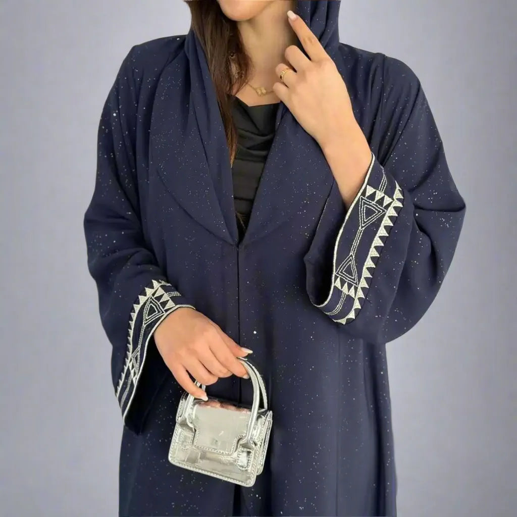 Elegant Muslim Women's Open Abaya Dress with Embroidery Sleeve & Glitter Details - Modest Islamic Fashion for Prayer, Wedding & Special Occasions
