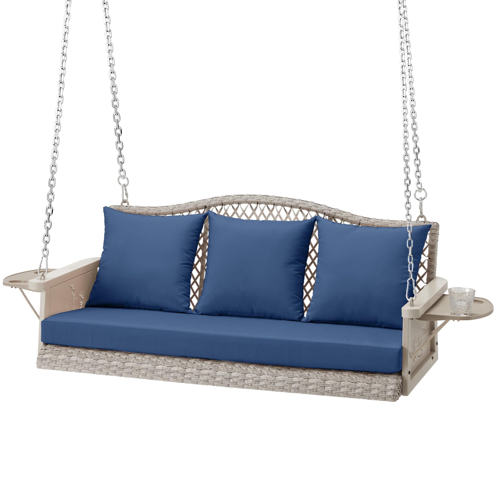 **Heavy Duty 900 LBS Wicker Hanging Porch Swing - 3-Seat Outdoor Patio Swing Chair Bench for Adults with 8.9ft Chains, Cushions & Cup Holder - Perfect for Backyard, Garden, or Deck Relaxation**