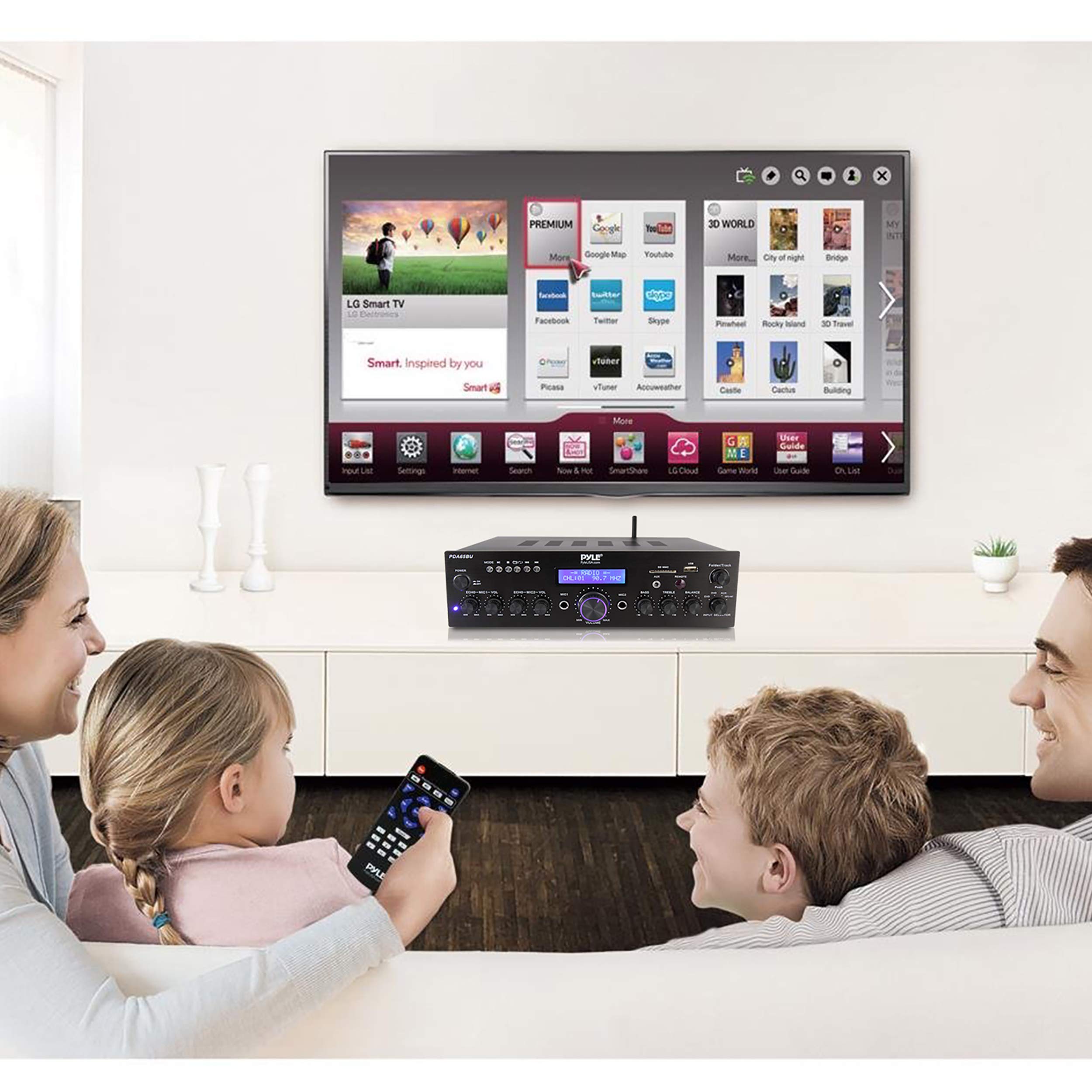 Pyle Wireless Bluetooth Power Amplifier System - 200W Dual Channel Stereo Receiver with USB, AUX, MIC Input & Echo, FM Radio - Home Theater & Studio Audio Amplifier for Parties, Karaoke, DJ Setup - Black (PDA65BU)