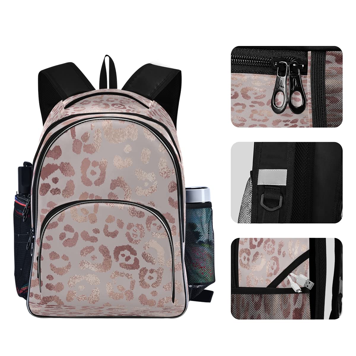 Stylish Leopard Print Rose Gold Backpack for School - Durable Bookbag with Water Bottle Pocket & Laptop Compartment - Perfect for College, Travel & Daily Commute