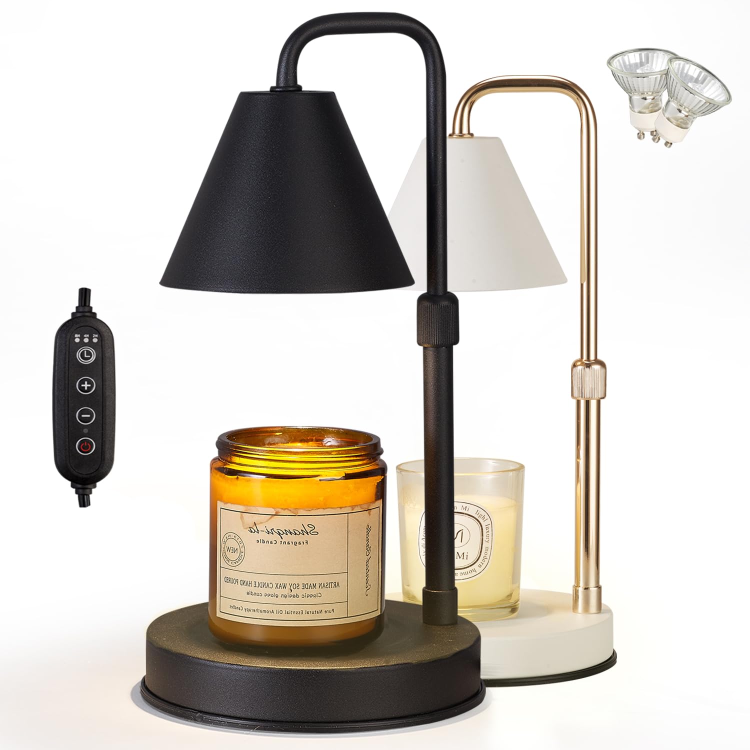Dimmable Electric Candle Warmer Lamp with Timer & Adjustable Height - 2 Bulbs Included - Large Jar Candle Wax Warmer - Perfect for Home Decor, Romantic Ambiance & Gifts for Mom (Black)