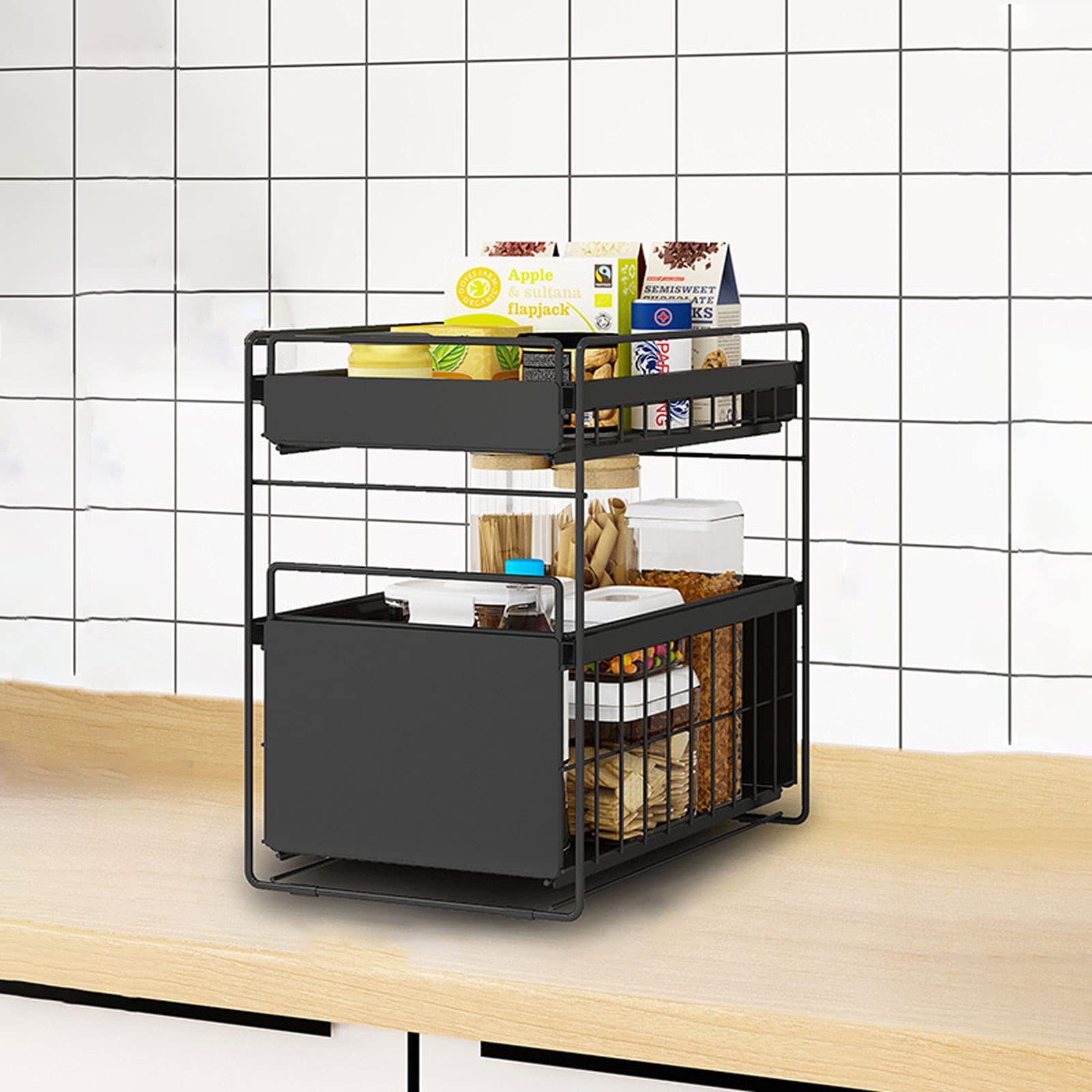 2-Tier Sliding Cabinet Organizer - Under Sink Pull Out Basket Drawer for Kitchen, Bathroom & Pantry Storage | Space-Saving Spice Rack & Countertop Organizer | Perfect for Small Spaces, Office Desktops & Closet Organization
