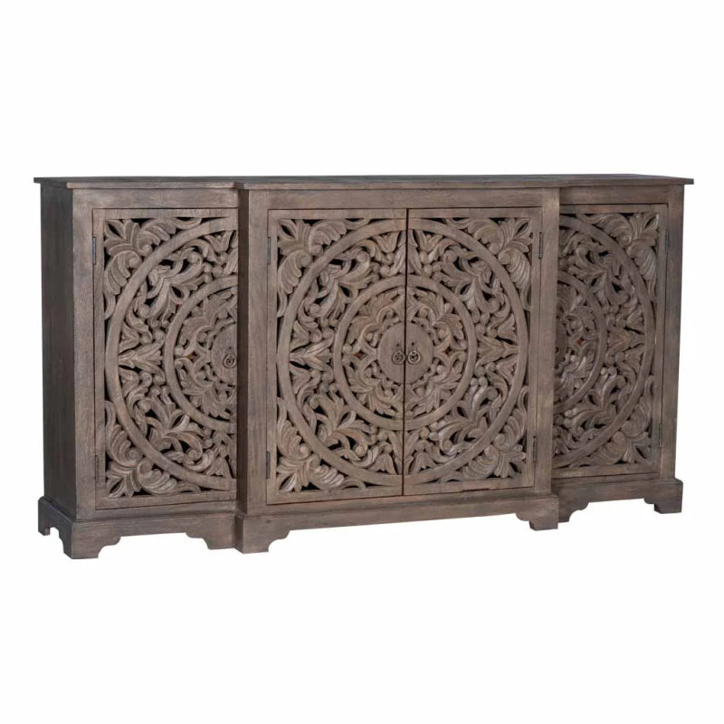 Hand Carved Rustic Wooden Sideboard with Carved Doors - Boho Chic Storage Cabinet for Living Room, Dining Room & Entryway Organization