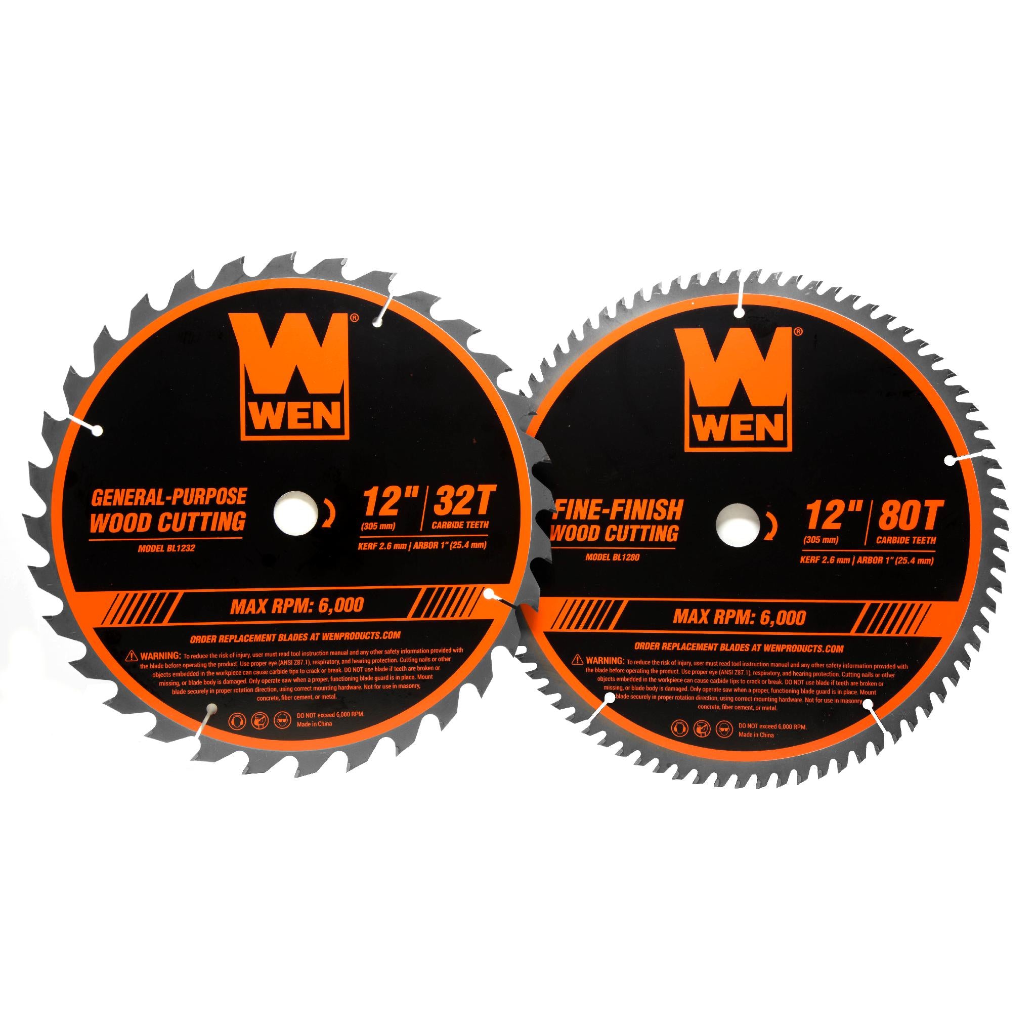 WEN BL1232 12-Inch 32-Tooth & 80-Tooth Carbide-Tipped Woodworking Saw Blade Set (2-Pack) - Perfect for Table Saws, Miter Saws & Circular Saws