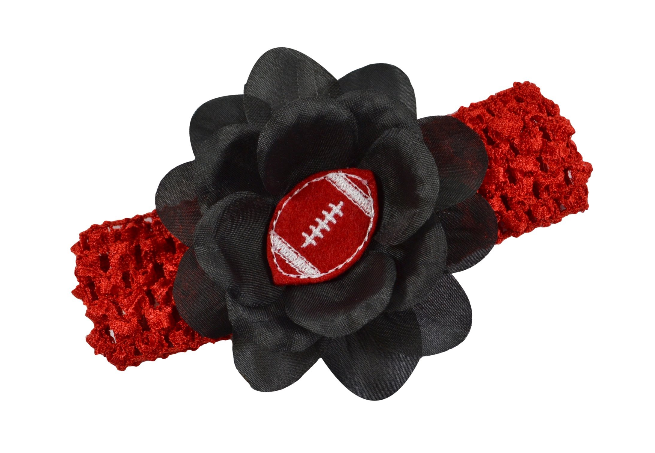Funny Girl Designs Baby Embroidered Felt Football Team Flower Headband for Newborns to Toddlers - Red Band with Red Ball & Black Flower - Perfect for Game Day, Baby Showers, and Team Spirit Photos