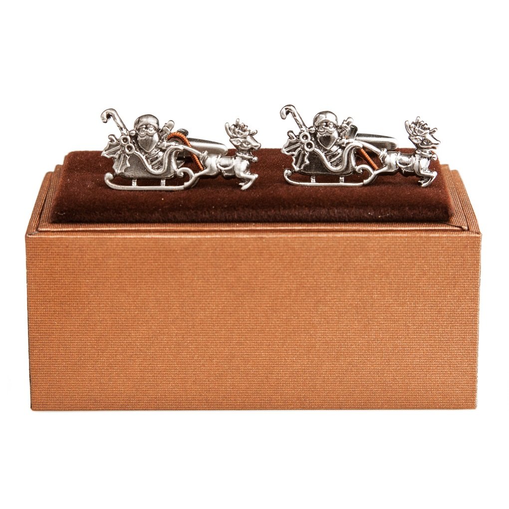 MRCUFF Santa Claus Christmas Reindeer Sleigh Cufflinks Set - Sterling Silver Dress Cuff Links for Men with Gift Box & Polishing Cloth - Perfect for Holiday Parties, Weddings & Formal Events