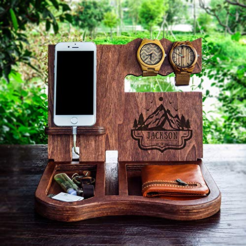 Personalized Wooden Phone Stand & Organizer - Custom Engraved Docking Station for iPhone 11/9, Smartwatch & Accessories | Unique Christmas Gift for Husband, Boyfriend | Home Office Desk Organizer & Tech Accessory Holder